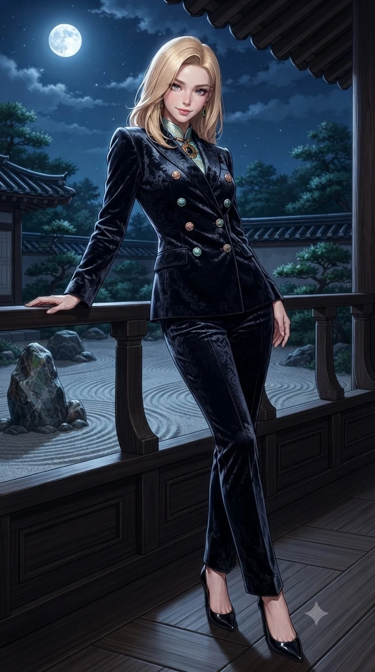 score_9, masterpiece, best quality, ultra-detailed, high-budget anime keyframe, editorial fashion photography, tasteful artistic composition, Korean woman. low angle full-body shot from head to toe showing her feet, filling the entire 9:16 vertical frame with her statuesque presence, stretching her vertical silhouette. leaning deep against the balcony balustrade with hips cocked back in an unapologetically alluring high-fashion stance, casting an intoxicating glance while walking slowly along the timber veranda with hypnotic grace, hips swaying in an alluring sensual rhythm that accentuates her curvy silhouette. The surrounding environment is rendered in vivid detail and crisp panoramic clarity: sharp raked sand ridge crests, scholar stone mineral veining, and polished cypress wood veranda grain in deep focus. She has an absolutely perfect, statuesque 8.5-heads proportion, an exceptionally tall and slender model-like female figure with impossibly long slender legs, an ultra-slim waist, a flat toned midriff, narrow delicate ribcage, and beautifully sculpted feminine hips creating a graceful, slim hourglass silhouette without any bulky heaviness. sharp v-shaped jawline, high-bridge nose, sparkling eyes with hypnotic seductive depth, thick curled eyelashes, glossy parted lips with a natural dewy peach sheen, alluring bedroom-eyes with an enchanting coquettish smile, exuding magnetic siren charisma and sophisticated glamour, flawlessly proportioned anatomical accuracy, strict slender model proportions, natural body alignment, perfectly sculpted long slender limbs, ultra-slim waistline, clean dynamic posture without body distortion. wearing a tailored double-breasted silk brocade pantsuit with mandarin collar and mother-of-pearl dragon crest buttons in pastel peach blossom and celadon porcelain blue, tailored from crushed dark velvet with deep light-absorbing plush texture, accented with an authentic engraved gold medallion and obsidian cabochons, the impeccably tailored cut draping gracefully along her slender figure with aristocratic eastern poise. illuminated by moonlit sand ripple bounce and sharp silver-topaz rim lights sculpting her razor-sharp jawline, narrow waist, and curvy hips. ultra-reflective glossy finish, specular highlights, rich textural contrasts, high-contrast stereoscopic depth, volumetric dynamic lighting, 2k, ultra detail, master piece, 9:16 ratio