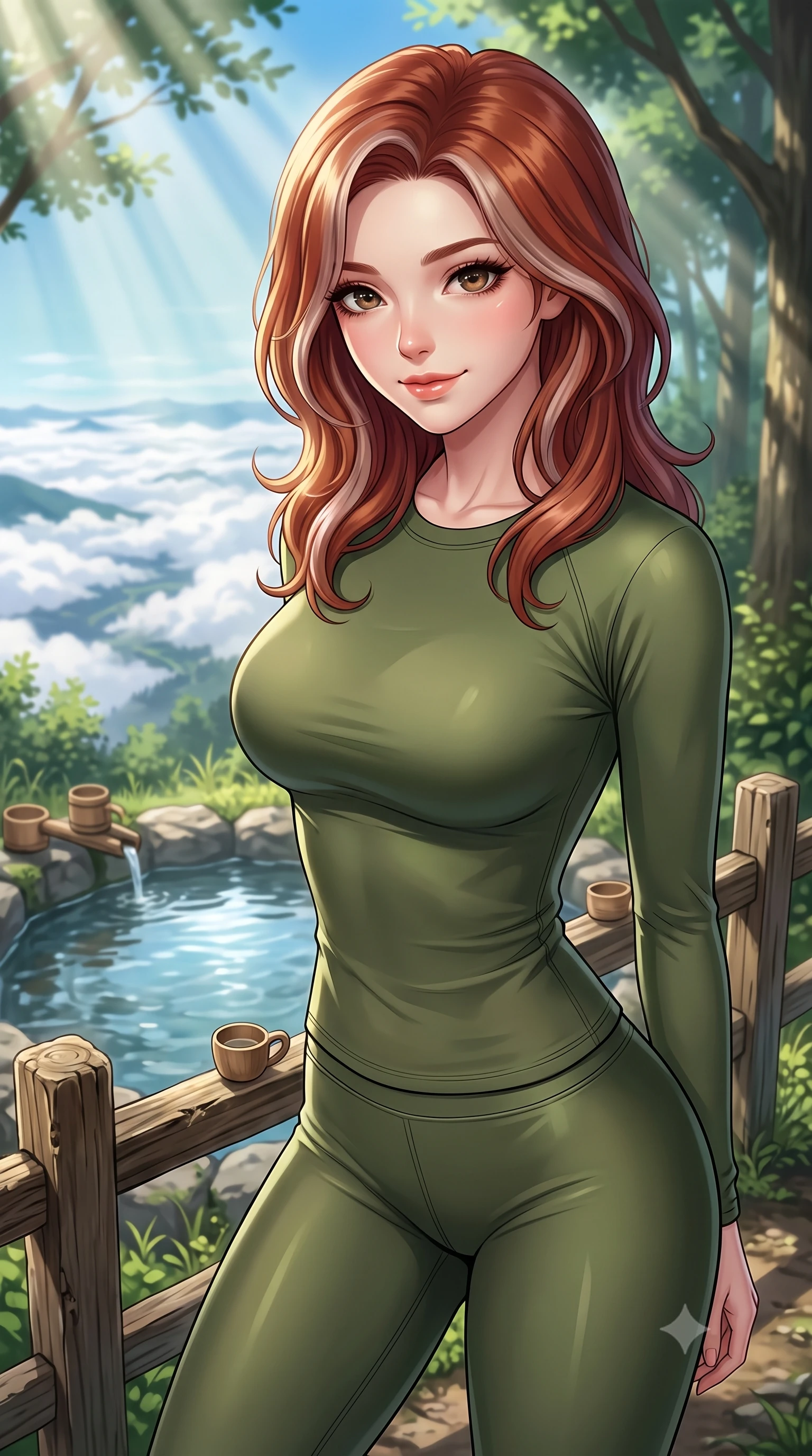 score_9, masterpiece, best quality, ultra-detailed, high-budget anime keyframe, editorial fashion photography, tasteful artistic composition, Caucasian woman. close-up cowboy shot from the waist and thighs up, the character dominates the composition, filling the frame with her large presence, background elements kept in soft focus. tilting her chin down slightly, looking up at the viewer with a sweet, charming smile set against a soft-focus background of next to a mountain spring well with clear water and wooden cups resting on a wooden fence with a view of the distant clouds below. She has an exceptionally elegant, slender, and willowy female figure with an ultra-slim waist, a gracefully sculpted slender torso, and a refined silhouette. sharp v-shaped jawline, high-bridge nose, intricate jewel-like eyes with depth, thick eyelashes, glossy lips with a natural sheen. wearing form-contouring tight-fitting athletic long-sleeve top in olive green, paired with form-contouring leggings. volumetric sunbeams slicing through the forest trees, creating light rays. highly saturated vibrant anime colors, detailed shading with soft gradients, rich glossy textures, high-contrast stereoscopic depth, volumetric dynamic lighting, master piece, 9:16 ratio