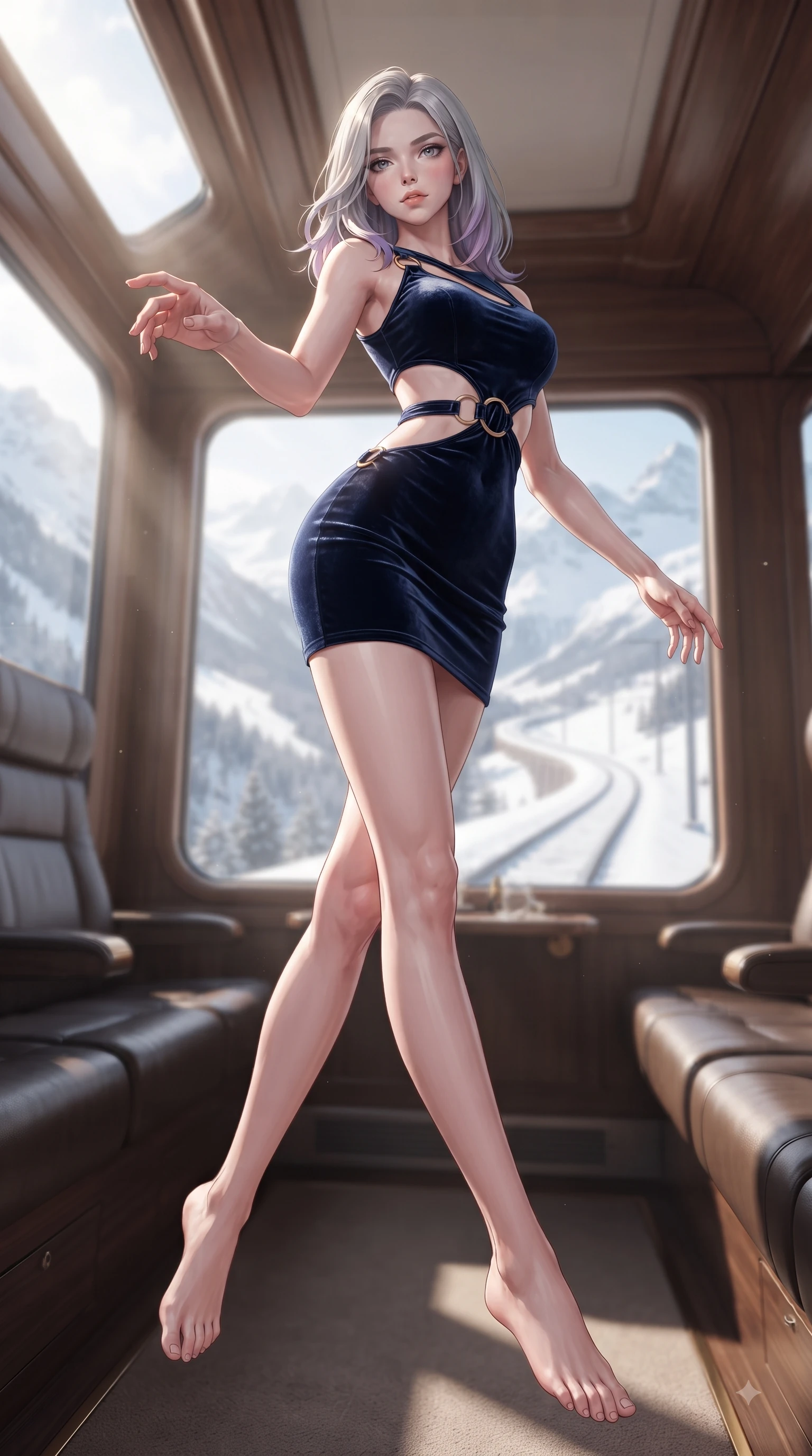 score_9, masterpiece, best quality, ultra-detailed, high-budget anime keyframe, editorial fashion photography, tasteful artistic composition, Caucasian woman woman. low angle full-body shot from head to toe showing her feet, filling the entire 9:16 vertical frame with her statuesque presence, stretching her vertical silhouette. She has an absolutely perfect, statuesque 8.5-heads proportion, an exceptionally tall and slender model-like female figure with impossibly long slender legs and an ultra-slim waist. floating dynamically in zero-gravity with flawless poise, reaching her hand forward gracefully, flawlessly proportioned anatomical accuracy, natural body alignment, perfectly sculpted elegant limbs, clean dynamic posture without body distortion. set against a soft-focus background of a winding luxury train lounge car showing snowy alpine peaks. wearing a slitted cutout bodycon mini dress in dark velvet with gold ring hardware framing her waist. bathed in crisp alpine morning sunbeams slicing through panoramic window glass. ultra-reflective glossy finish, specular highlights, metallic sheen, high-contrast stereoscopic depth, volumetric dynamic lighting, 2k, ultra detail, master piece, 9:16 ratio