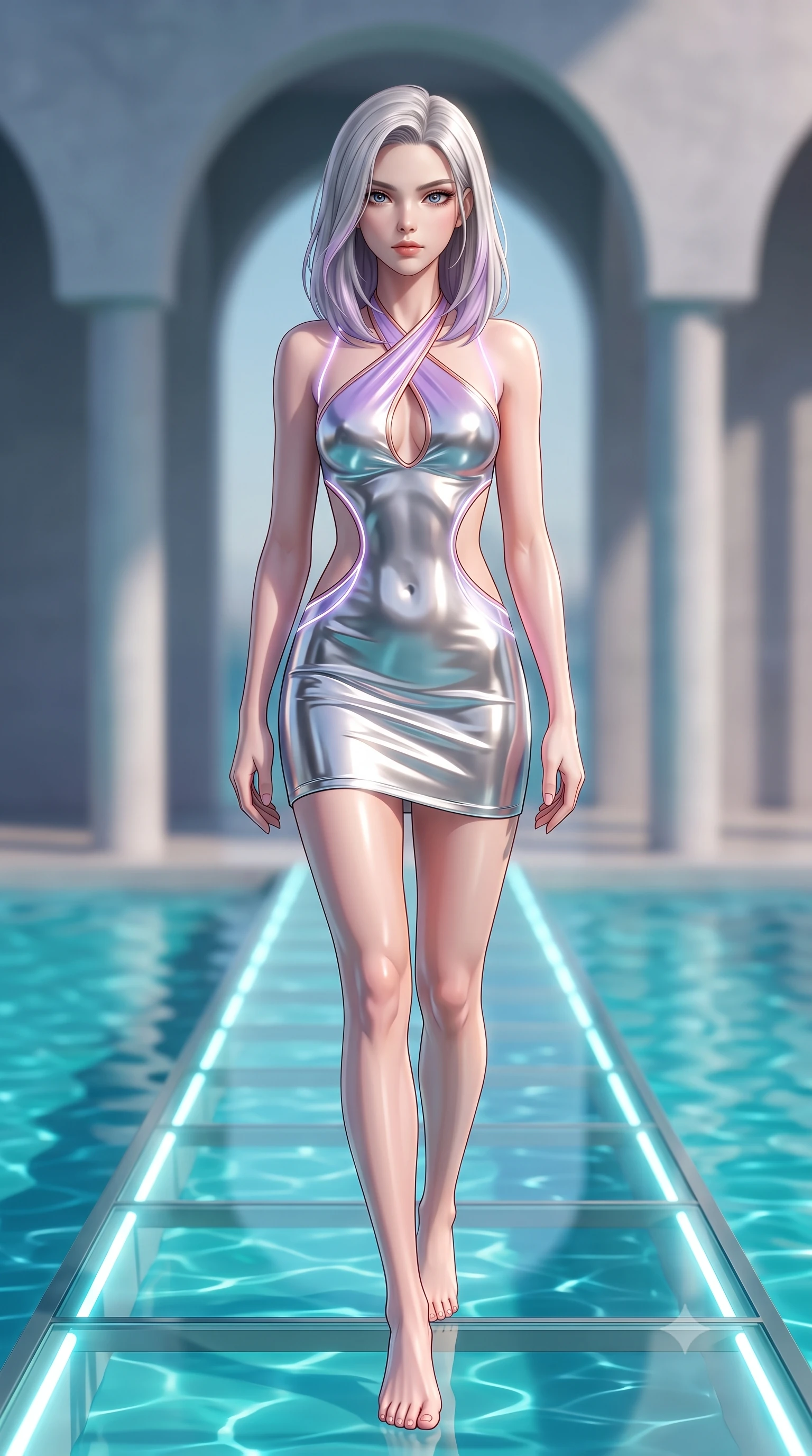 score_9, masterpiece, best quality, ultra-detailed, high-budget anime keyframe, semi-realistic 3D game render, editorial fashion photography, tasteful artistic composition, Caucasian woman. low angle full-body shot from head to toe showing her feet, filling the entire 9:16 vertical frame with her statuesque presence, stretching her vertical silhouette. striding forward in a proud, statuesque motion with a dangerous smolder, her vertical silhouette dominating the frame from head to toe while stepping along a glowing glass runway elevated above a shimmering turquoise waterway in a modern pavilion. The composition keeps background elements in soft focus with creamy bokeh. modern water pavilion arches and white minimalist columns softened by shallow depth of field. She has an absolutely perfect, statuesque 8.5-heads proportion, an exceptionally tall and slender model-like female figure with impossibly long slender legs, a toned flat midriff, and an ultra-slim waist. sharp v-shaped jawline, high-bridge nose, intricate jewel-like eyes with depth, thick eyelashes, glossy lips with a natural sheen, flawlessly proportioned anatomical accuracy, strict slender model proportions, natural body alignment, perfectly sculpted long slender limbs, ultra-slim waistline, clean dynamic posture without body distortion. wearing a molten silver liquid-metal mini dress featuring deep side-waist cutouts and a daring crossover halter neckline in luminous lavender violet and rose gold, crafted from ultra-reflective second-skin latex with a high-gloss glass-like polish, accented with glowing fiber-optic seams tracing her collarbones and hip curves, the precision-cut daring openings accentuating her delicate midriff, graceful bare collarbones, and ultra-slim feminine waistline. illuminated by clear directional key light with brilliant specular highlights on glass and water. highly saturated vibrant anime colors, detailed shading with soft gradients, rich glossy textures, high-contrast stereoscopic depth, volumetric dynamic lighting, master piece, 9:16 ratio