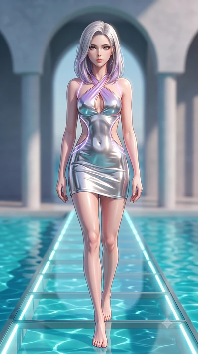 score_9, masterpiece, best quality, ultra-detailed, high-budget anime keyframe, semi-realistic 3D game render, editorial fashion photography, tasteful artistic composition, Caucasian woman. low angle full-body shot from head to toe showing her feet, 