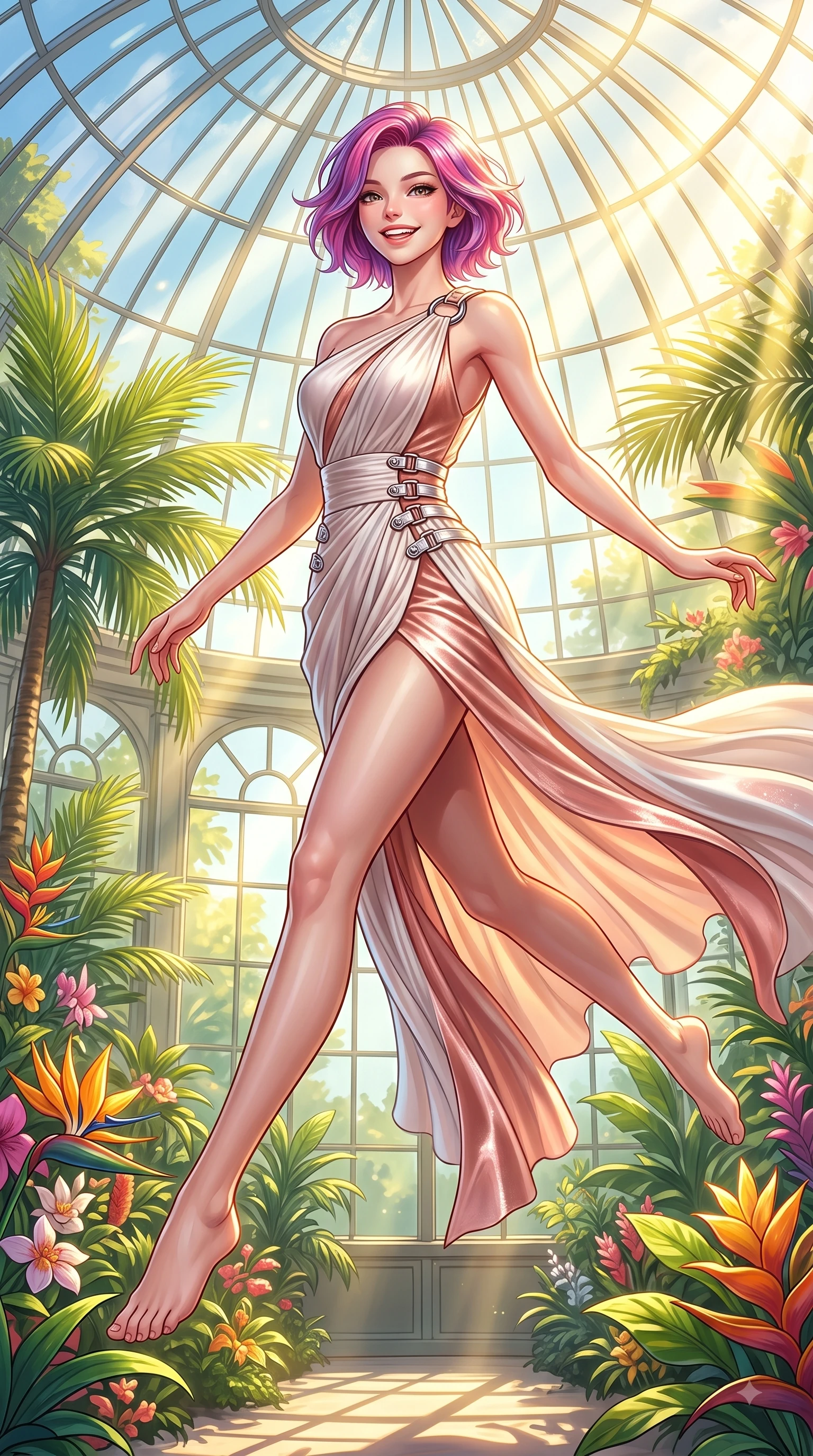 score_9, masterpiece, best quality, ultra-detailed, high-budget anime keyframe, editorial fashion photography, tasteful artistic composition, Caucasian woman. low angle full-body shot from head to toe showing her feet, filling the entire 9:16 vertical frame with her statuesque presence, stretching her vertical silhouette. leaping with pure youthful energy through mid-air with a radiant bright smile, her impossibly long slender legs stretched in balance while resting near a sunlit glass wall as tropical sunbeams highlight her fresh youthful figure, intense volumetric sunbeams penetrating glass dome panes in bright golden rays. She has an absolutely perfect, statuesque 8.5-heads proportion, an exceptionally tall and slender model-like female figure with impossibly long slender legs and an ultra-slim waist. sharp v-shaped jawline, high-bridge nose, intricate jewel-like eyes with depth, thick eyelashes, glossy lips with a natural sheen, flawlessly proportioned anatomical accuracy, natural body alignment, perfectly sculpted elegant limbs, clean dynamic posture without body distortion. wearing an asymmetrical Grecian draped chiffon gown with a metallic shoulder ring in pearl white and rose gold, made of premium stretch velvet with a rich sheen, detailed with polished silver buckles along the waistline, the form-contouring material highlighting her ultra-slim waist and long lines. surrounded by a bright, airy, and refreshing tropical garden atmosphere. highly saturated vibrant anime colors, detailed shading with soft gradients, rich glossy textures, high-contrast stereoscopic depth, volumetric dynamic lighting, master piece, 9:16 ratio