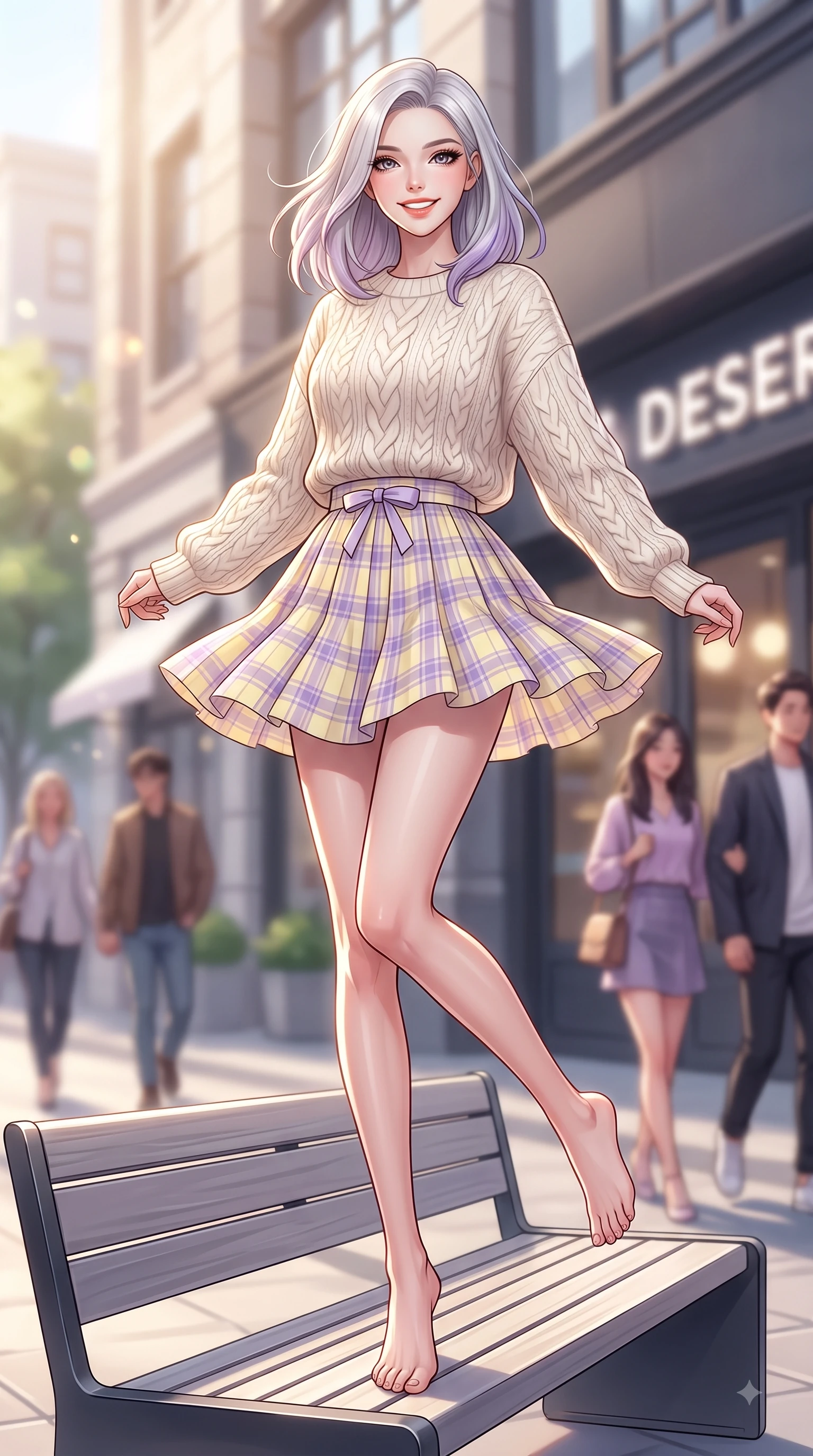 score_9, masterpiece, best quality, ultra-detailed, high-budget anime keyframe, editorial fashion photography, tasteful artistic composition, Caucasian woman. low angle full-body shot from head to toe showing her feet, filling the entire 9:16 vertical frame with her statuesque presence, stretching her vertical silhouette. leaping with pure youthful energy through the scene with a radiant bright smile, her long slender legs balanced gracefully while resting on a sleek modern outdoor bench outside a trendy dessert cafe with a joyful expression. The composition keeps background elements in soft focus with dreamy bokeh. sunlit urban architecture and stylish passersby blurred seamlessly in the background. She has an absolutely perfect, statuesque 8.5-heads proportion, an exceptionally tall and slender model-like female figure with impossibly long slender legs and an ultra-slim waist. sharp v-shaped jawline, high-bridge nose, intricate jewel-like eyes with depth, thick eyelashes, glossy lips with a natural sheen, flawlessly proportioned anatomical accuracy, natural body alignment, perfectly sculpted elegant limbs, clean dynamic posture without body distortion. wearing a cozy oversized cable-knit sweater paired with a chic pleated plaid mini skirt in soft lemon yellow and lavender violet, made of fine lightweight chiffon that flutters gently in the breeze, accented with a dainty waist ribbon bow, the soft airy drape swaying gracefully with her dynamic movements. surrounded by a trendy, youthful, and energetic fashion street aura. highly saturated vibrant anime colors, detailed shading with soft gradients, rich glossy textures, high-contrast stereoscopic depth, volumetric dynamic lighting, master piece, 9:16 ratio
