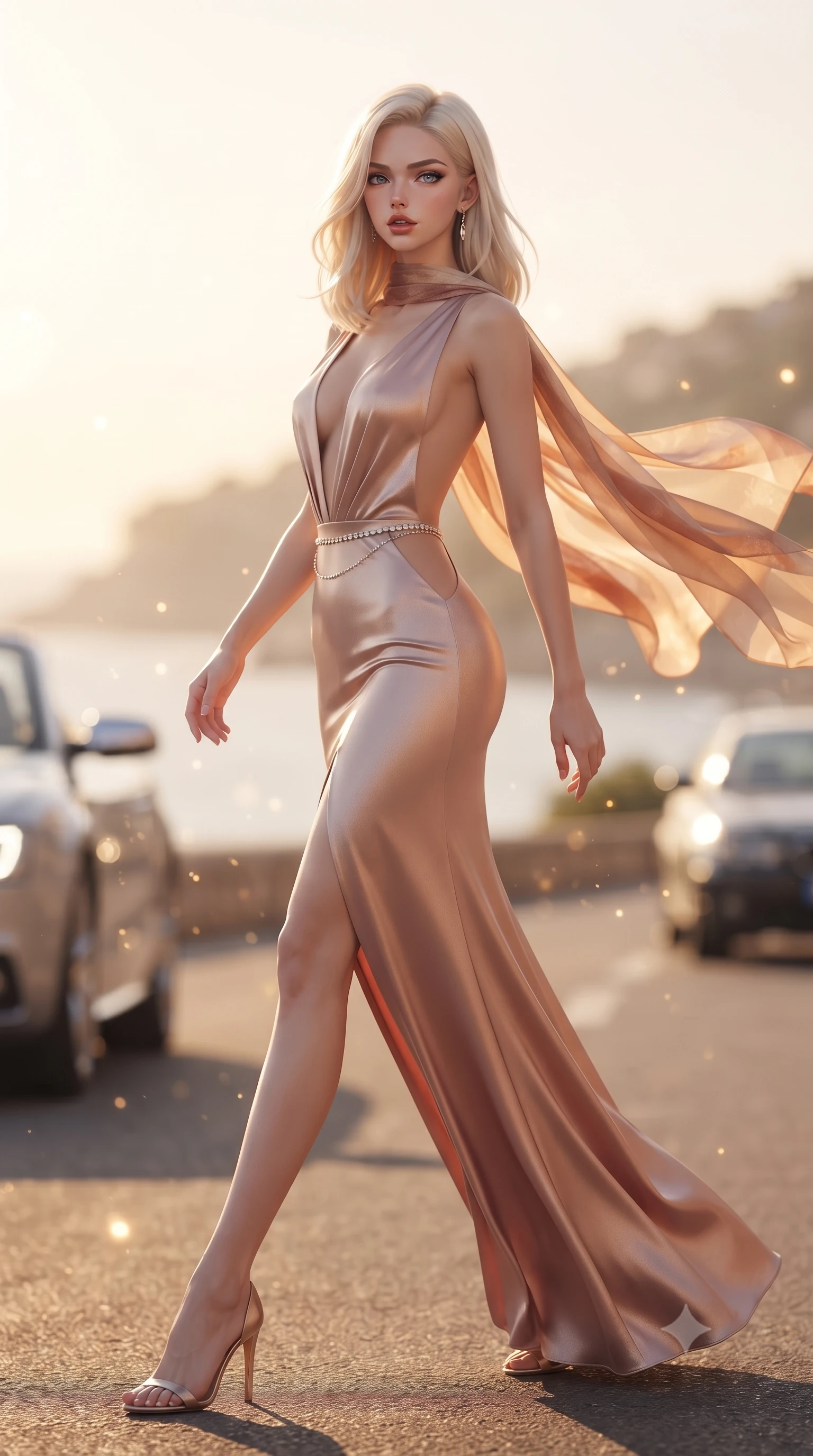 score_9, masterpiece, best quality, ultra-detailed, high-budget anime keyframe, editorial fashion photography, tasteful artistic composition, Caucasian woman. low angle full-body shot from head to toe showing her feet, filling the entire 9:16 vertical frame with her statuesque presence, stretching her vertical silhouette. striding forward in a proud supermodel runway stride, hips swaying in an alluring kinetic rhythm that accentuates her curvy hourglass silhouette while striding gracefully along the coastal corniche as sea winds flutter her open silk scarf, hips swaying in an alluring supermodel rhythm. The composition keeps background elements in soft focus with creamy bokeh. sun glints off chrome car mirrors and sea spray scattering radiant warm light motes. She has an exceptionally tall and slender model-like 8.5-heads proportion, an ultra-slim waist, a flat toned midriff, narrow delicate ribcage, and beautifully sculpted feminine hips creating a graceful, slim hourglass silhouette without any bulky heaviness, with impossibly long slender legs. sharp v-shaped jawline, high-bridge nose, intricate jewel-like eyes with depth, thick eyelashes, glossy parted lips with a natural sheen, intensely captivating and seductive bedroom-eyes expression, flawlessly proportioned anatomical accuracy, strict slender model proportions, natural body alignment, perfectly sculpted long slender limbs, ultra-slim waistline, clean dynamic posture without body distortion. wearing a liquid-silk jersey evening gown with an ultra-deep plunging open back descending to the base of her spine and a sculpted hip-hugging skirt in dusky blush rose and champagne shimmer, tailored from ultra-smooth duchess satin with a pearlescent sheen, accented with a dainty diamond waist chain catching the ambient light reflections, the precision-cut side openings and low-back scoop framing her graceful spine and the sensual sweep of her slim, toned hips. bathed in glorious golden hour Mediterranean sunset backlighting and warm amber road fill. ultra-reflective glossy finish, specular highlights, rich textural contrasts, high-contrast stereoscopic depth, volumetric dynamic lighting, 2k, ultra detail, master piece, 9:16 ratio