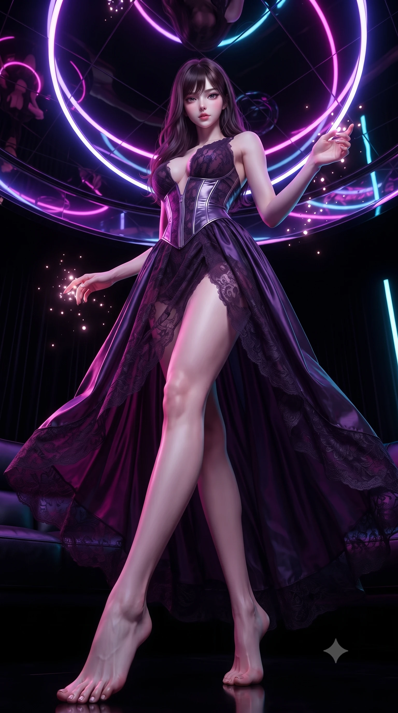 score_9, masterpiece, best quality, ultra-detailed, high-budget anime keyframe, editorial fashion photography, tasteful artistic composition, Korean woman. low angle full-body shot from head to toe showing her feet, filling the entire 9:16 vertical frame with her statuesque presence, stretching her vertical silhouette. interacting with glowing light particles, her long slender legs poised in motion, standing under a mirror ceiling reflecting glowing violet and magenta neon arcs, high-contrast gloss and matte textures glinting under specular neon lights. She has an absolutely perfect, statuesque 8.5-heads proportion, an exceptionally tall and slender model-like female figure with impossibly long slender legs and an ultra-slim waist. sharp v-shaped jawline, high-bridge nose, intricate jewel-like eyes with depth, thick eyelashes, glossy lips with a natural sheen. wearing gothic nebula sheer dark lace gown with plunging neckline in dark plum violet, made of iridescent dark violet taffeta, finished with metallic silver boning and sleek zipper points, accentuating her gracefully sculpted slender torso. illuminated by vibrant magenta and cyan neon rim light against pitch-black leather. highly saturated vibrant anime colors, detailed shading with soft gradients, rich glossy textures, high-contrast stereoscopic depth, volumetric dynamic lighting, master piece, 9:16 ratio