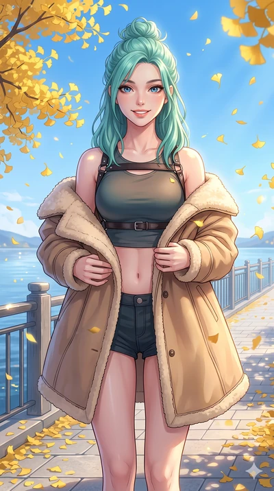 score_9, masterpiece, best quality, ultra-detailed, high-budget anime keyframe, vibrant anime aesthetic, Japanese woman. cowboy shot from the thighs up, character and outfit filling the frame for maximum presence. She is holding a warm coat, smiling 