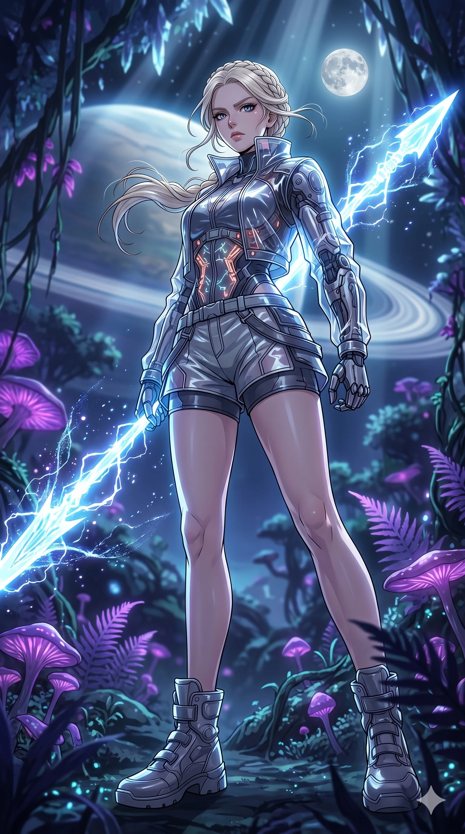 score_9, masterpiece, best quality, ultra-detailed, High-budget Anime Keyframe, vibrant colors, fluid line-art, expressive lighting, cinematic composition, Ufotable-style visual effects, top-tier animation quality, Caucasian woman with pale skin, blonde hair, and (strictly human ears). Dramatic low angle looking up at her majestic stature, dominating the vertical space of the composition. Training with a spear made of pure concentrated energy under the silver light of a full moon in a bamboo forest. She has an well-proportioned figure, an tall and elegant figure with elegant legs and an graceful posture, her statuesque height and towering silhouette dominating the vertical 9:16 frame. Her face is a masterpiece featuring a sharp v-shaped jawline, high-bridge nose, intricate jewel-like eyes with depth, thick eyelashes, and glossy lips with a natural sheen. She is wearing a Cyber-augmented streetwear featuring mechanical arm parts and a stylish shorts/harness combo crafted from Glossy material with a high-gloss finish that reveals the intricate layers beneath, with elegant fabric draping over her form and a streamlined silhouette. The scene is set in a mysterious alien planet with bioluminescent purple flora and a giant ringed planet in the sky, illuminated by ethereal moonlight filtering through a crystalline canopy, creating soft highlights. 2k, ultra detail, master piece, 9:16 ratio