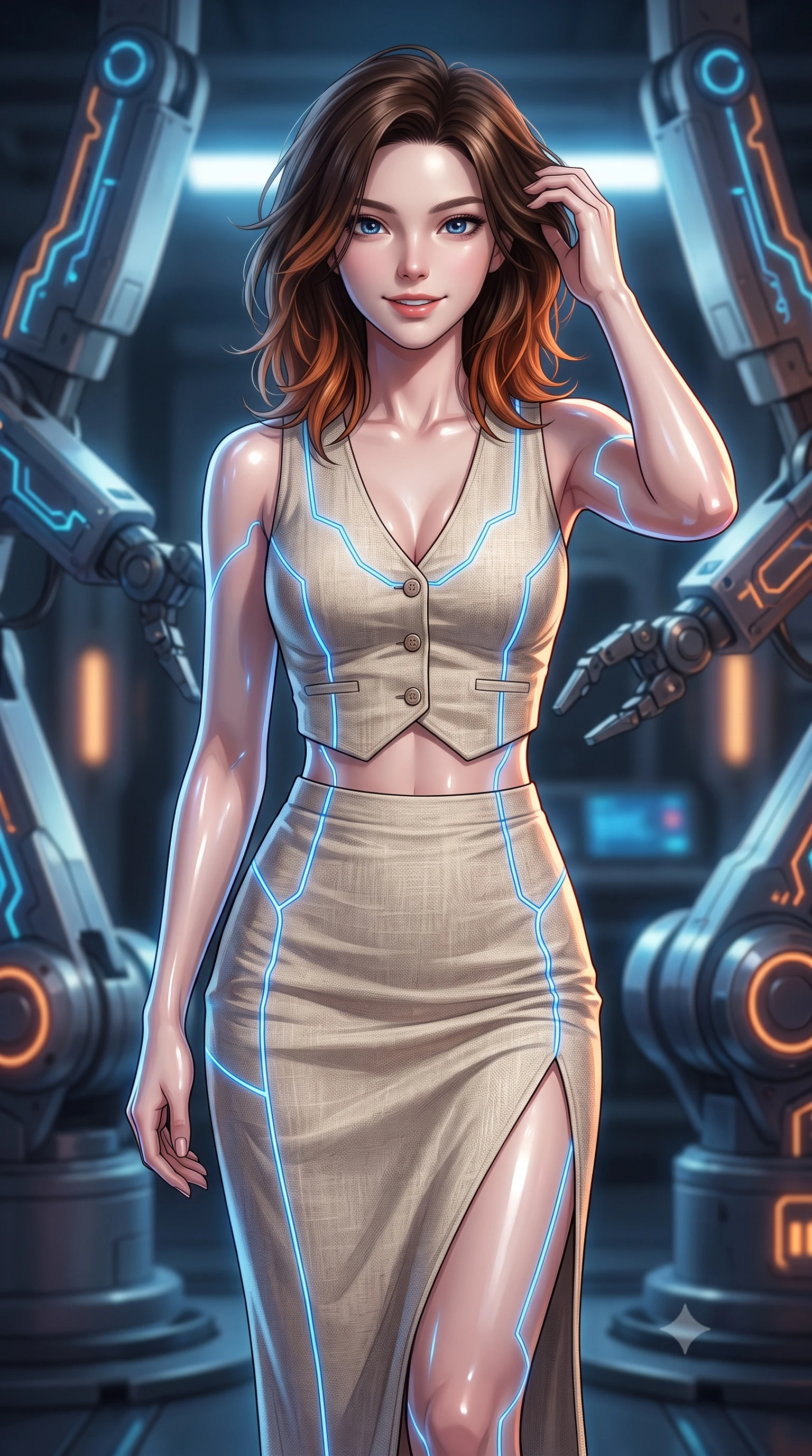 score_9, masterpiece, best quality, ultra-detailed, high-budget anime keyframe, editorial fashion photography, tasteful artistic composition, Korean woman. close-up cowboy shot from the waist and thighs up, the character dominates the composition, filling the frame with her large presence, background elements kept in soft focus. smiling with quiet, magnetic self-assurance directly into the camera, running a hand through her hair the background shows a soft-focus an automated repair bay with mechanical arms and neon circuit layouts. She has an exceptionally elegant, slender, and willowy female figure with an ultra-slim waist, a gracefully sculpted slender torso, and a refined silhouette. sharp v-shaped jawline, high-bridge nose, intricate jewel-like eyes with depth, thick eyelashes, glossy lips with a natural sheen. wearing a body-hugging tailored vacation outfit of a linen crop vest and a matching side-slit midi skirt, revealing a subtle waist cutout. glowing blue laser lines tracing her form with precision. ultra-reflective glossy finish, specular highlights, metallic sheen, high-contrast stereoscopic depth, volumetric dynamic lighting, 2k, ultra detail, master piece, 9:16 ratio