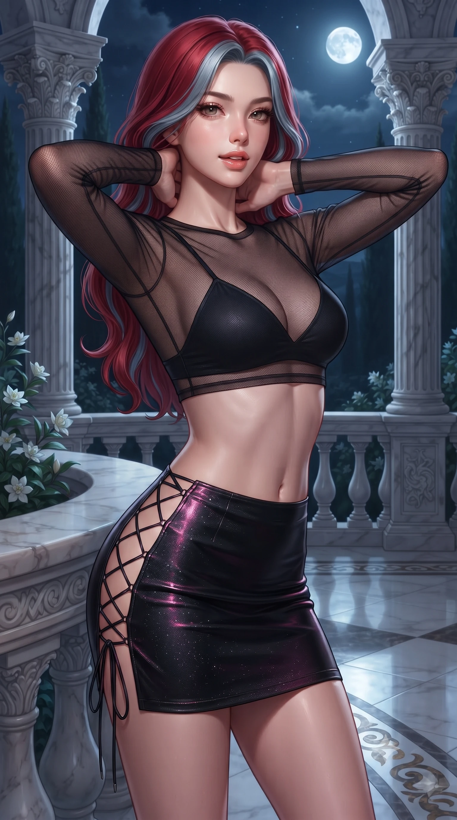 score_9, masterpiece, best quality, ultra-detailed, high-budget anime keyframe, editorial fashion photography, tasteful artistic composition, Caucasian woman. close-up cowboy shot from the waist and thighs up, the character dominates the composition, filling the frame with her large presence. resting both hands lightly behind her neck with elbows raised, arching her spine to highlight her narrow waist, flat midriff, and breathtaking collarbones while leaning against the carved marble parapet with hips cocked back, looking out into the moonlit cypress valley with a seductive half-smile. The surrounding environment is rendered in vivid detail and crisp panoramic clarity: sharp carved Corinthian column capitals, delicate white jasmine petal veins, and marble floor mosaic borders in deep focus. She has an exceptionally elegant, slender, and willowy female figure with an ultra-slim waist, flat toned midriff, narrow ribcage, and sculpted feminine hips creating an alluring, slim hourglass silhouette without bulk. sharp v-shaped jawline, high-bridge nose, sparkling eyes with hypnotic seductive depth, thick curled eyelashes, glossy parted lips with a natural dewy peach sheen, alluring bedroom-eyes with an enchanting coquettish smile, exuding magnetic siren charisma and sophisticated glamour, flawlessly proportioned anatomical accuracy, strict slender model proportions, natural body alignment, perfectly sculpted long slender limbs, ultra-slim waistline, clean dynamic posture without body distortion. wearing a sheer mesh long-sleeve crop top over an opaque strappy micro-bralette and a sleek leatherette mini skirt in wet-look onyx black with electric magenta reflections, woven from stretch metallic lurex jersey casting radiant starlight glints across her silhouette, featuring fine criss-cross lace-up side ties revealing tantalizing glimpses of her hip curve, the second-skin tailored fabric adhering flawlessly to her sculpted flat midriff and slender torso, emphasizing her long leg lines and perfectly proportioned willowy build. illuminated by polished marble floor reflections and sharp platinum-gold rim lights defining her razor-sharp jawline, narrow waist, and curvy hips. ultra-reflective glossy finish, specular highlights, rich textural contrasts, high-contrast stereoscopic depth, volumetric dynamic lighting, 2k, ultra detail, master piece, 9:16 ratio