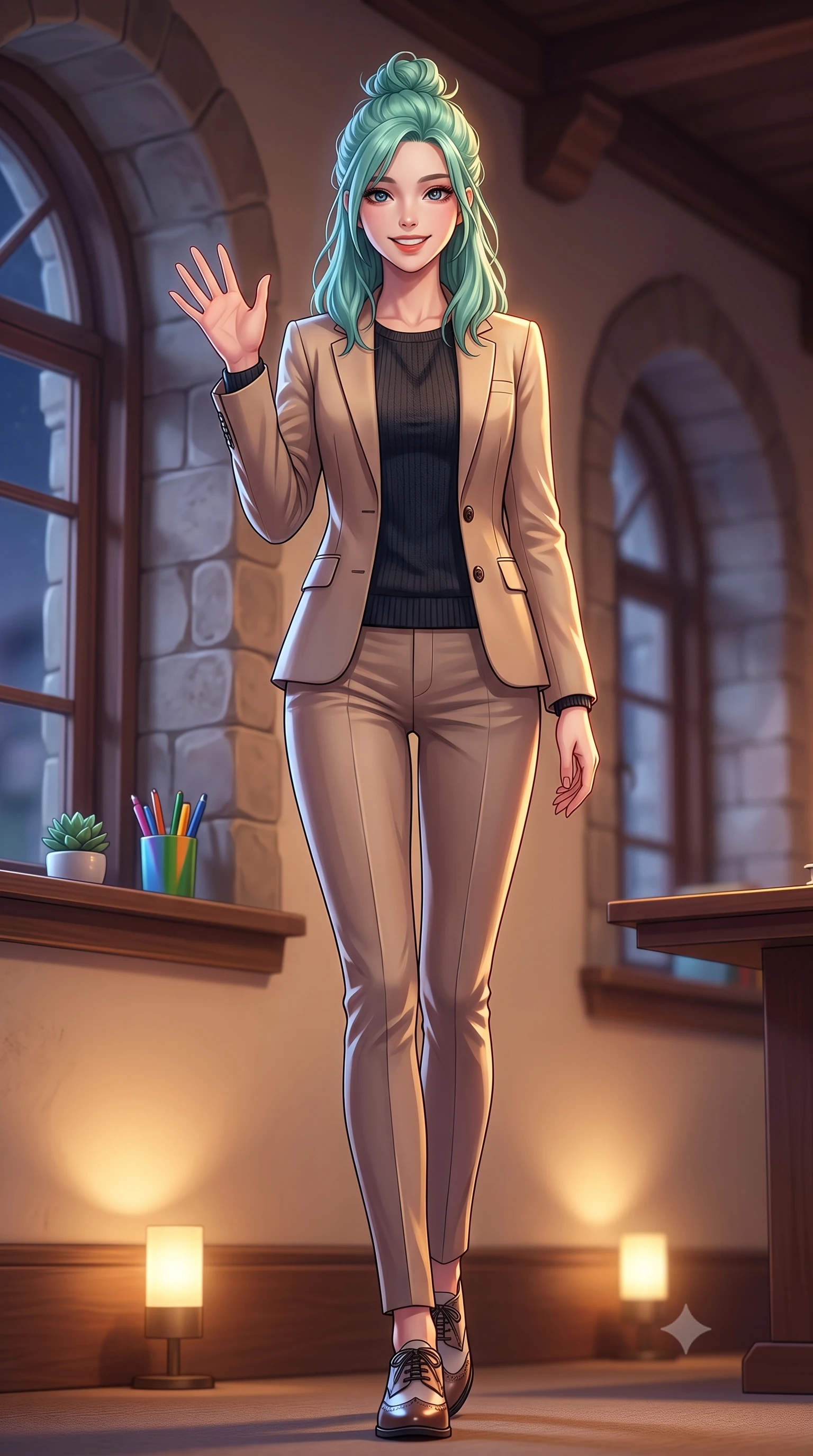 score_9, masterpiece, best quality, ultra-detailed, high-budget anime keyframe, editorial fashion photography, tasteful artistic composition, Japanese woman. low angle full-body shot from head to toe showing her feet, filling the entire 9:16 vertical frame with her statuesque presence, stretching her vertical silhouette. stepping forward with a bright, cheerful smile, waving happily at the viewer set against a soft-focus background of inside a historic municipal library room with arched stone windows with a tiny succulent pot and a colorful cup of pens on the desk. She has an absolutely perfect, statuesque 8.5-heads proportion, an exceptionally tall and slender model-like female figure with impossibly long slender legs and an ultra-slim waist. sharp v-shaped jawline, high-bridge nose, intricate jewel-like eyes with depth, thick eyelashes, glossy lips with a natural sheen. wearing slim-fit sleek tailored blazer in beige, worn closed over a slim-fit knit top and slim trousers. warm ambient uplighting creating a cozy, studious evening ambiance. highly saturated vibrant anime colors, detailed shading with soft gradients, rich glossy textures, high-contrast stereoscopic depth, volumetric dynamic lighting, master piece, 9:16 ratio