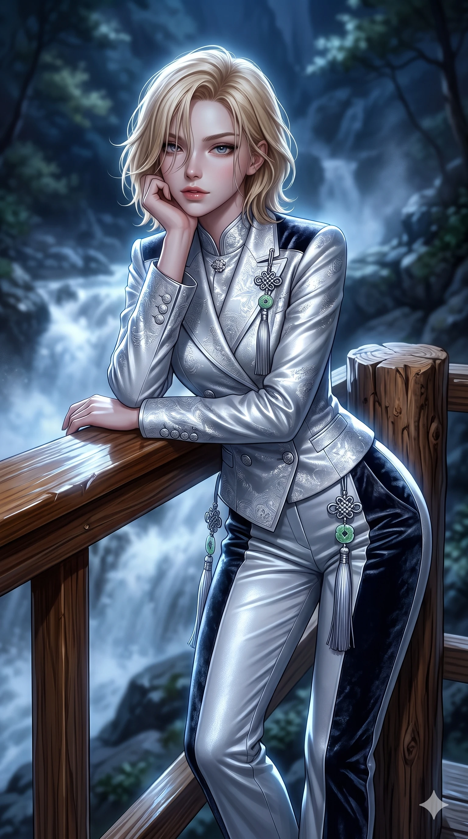 score_9, masterpiece, best quality, ultra-detailed, high-budget anime keyframe, semi-realistic 3D game render, editorial fashion photography, tasteful artistic composition, Caucasian woman. close-up cowboy shot from the waist and thighs up, the character dominates the composition, filling the frame with her large presence. resting one elbow on the lacquered balustrade and supporting her chin, leaning close to the camera with heavy-lidded sparkling eyes and parted lips while leaning against the rustic pine post with hips cocked back, looking through dark wet strands of hair with smoldering bedroom-eyes. The background shows a soft-focus wild mountain ravine softened in natural landscape shallow focus. She has an exceptionally elegant, slender, and willowy female figure with an ultra-slim waist, flat toned midriff, narrow ribcage, and sculpted feminine hips creating an alluring, slim hourglass silhouette without bulk. sharp v-shaped jawline, high-bridge nose, sparkling eyes with hypnotic seductive depth, thick curled eyelashes, glossy parted lips with a natural dewy peach sheen, alluring bedroom-eyes with an enchanting coquettish smile, exuding magnetic siren charisma and sophisticated glamour, flawlessly proportioned anatomical accuracy, strict slender model proportions, natural body alignment, perfectly sculpted long slender limbs, ultra-slim waistline, clean dynamic posture without body distortion. wearing a tailored double-breasted silk brocade pantsuit with mandarin collar and mother-of-pearl dragon crest buttons in celestial pearl white and moonlight platinum, tailored from crushed dark velvet with deep light-absorbing plush texture, finished with authentic carved jade pendants and traditional norigae knots, the bespoke structured tailoring following the natural line of her 8.5-heads silhouette with refined elegance. bathed in luminous moonlight reflecting off roaring white water cascades and misty spray. highly saturated vibrant anime colors, detailed shading with soft gradients, rich glossy textures, high-contrast stereoscopic depth, volumetric dynamic lighting, master piece, 9:16 ratio