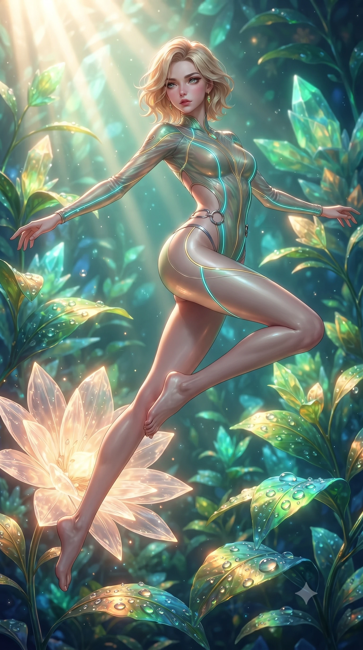 score_9, masterpiece, best quality, ultra-detailed, high-budget anime keyframe, editorial fashion photography, tasteful artistic composition, Caucasian woman. low angle full-body shot from head to toe showing her feet, filling the entire 9:16 vertical frame with her statuesque presence, stretching her vertical silhouette. leaping gracefully through the environment with statuesque elegance and long slender legs resting near a giant solar-powered crystal flower emitting soft warm light, dewdrops on bioluminescent leaves reflecting vibrant emerald and gold. She has an absolutely perfect, statuesque 8.5-heads proportion, an exceptionally tall and slender model-like female figure with impossibly long slender legs and an ultra-slim waist. sharp v-shaped jawline, high-bridge nose, intricate jewel-like eyes with depth, thick eyelashes, glossy lips with a natural sheen. wearing a skin-tight cybernetic bodysuit with glowing neon seams and side cutouts in sage green and oatmeal, crafted from iridescent chiffon that shifts colors in the light, accented with delicate chrome ring hardware framing her waist, the sleek second-skin texture accentuating her magnetic presence. illuminated by brilliant sunbeams casting organic leaf stencil shadows. ultra-reflective glossy finish, specular highlights, metallic sheen, high-contrast stereoscopic depth, volumetric dynamic lighting, 2k, ultra detail, master piece, 9:16 ratio