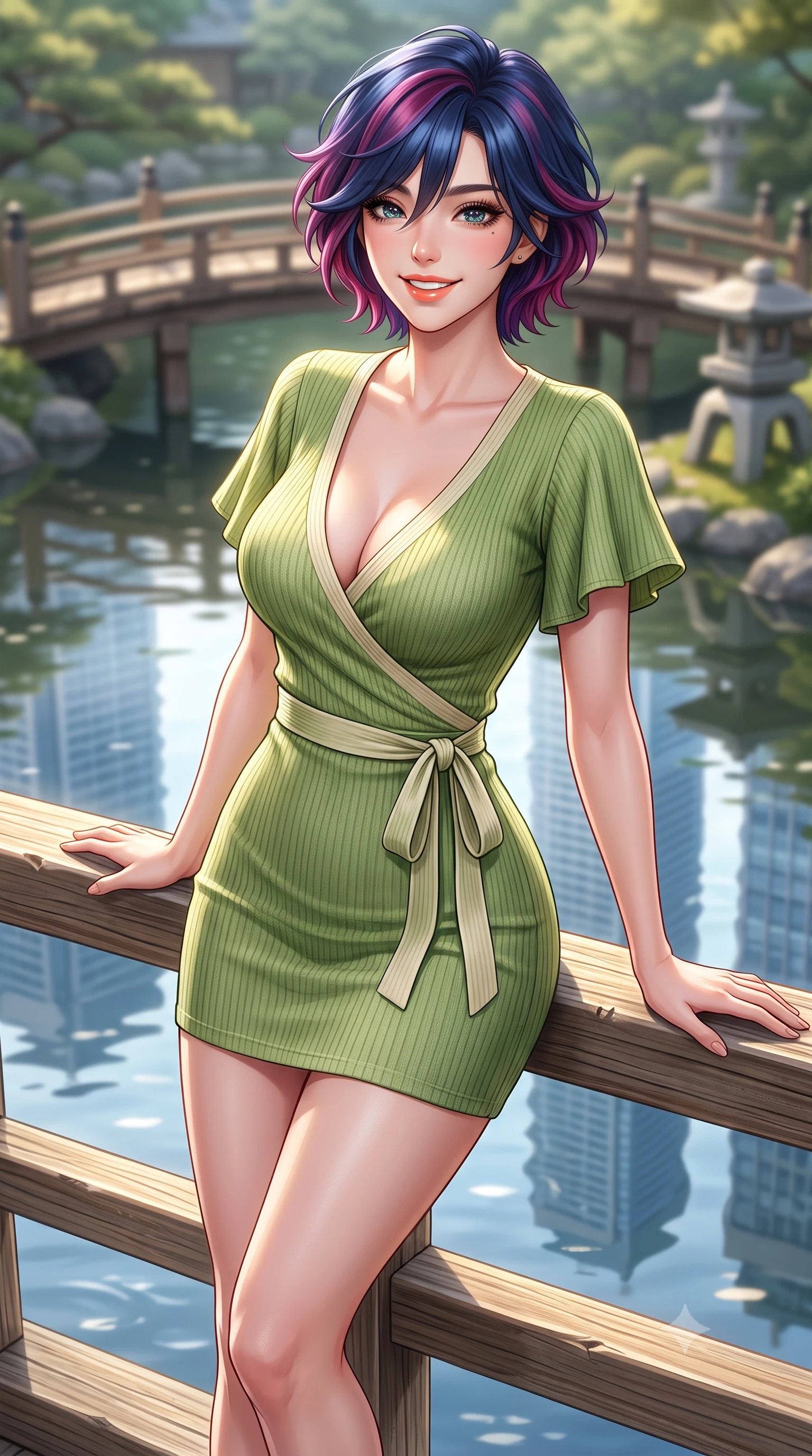 score_9, masterpiece, best quality, ultra-detailed, high-budget anime keyframe, semi-realistic 3D game render, editorial fashion photography, tasteful artistic composition, Korean woman. close-up cowboy shot from the waist and thighs up, the character dominates the composition, filling the frame with her large presence. leaning back against the sunlit railing with relaxed seductive grace, her flat midriff and narrow waist highlighted as she smiles brightly with bewitching eyes while twisting her slender torso in an alluring S-curve as modern glass skyscrapers reflect in the serene traditional pond waters below. The composition keeps background elements in soft focus with dreamy creamy bokeh. traditional Japanese stone lanterns and wooden bridges softened in sophisticated Tokyo shallow focus. She has an exceptionally elegant, slender, and willowy female figure with an ultra-slim waist, flat toned midriff, narrow ribcage, and sculpted feminine hips creating an alluring, slim hourglass silhouette without bulk. sharp v-shaped jawline, high-bridge nose, intricate jewel-like sparkling eyes with depth, thick eyelashes, glossy parted lips with a natural peach sheen, bright cheerful beaming smile with an enchanting and coquettish sensual glint, exuding both youthful cute charm and seductive allure, flawlessly proportioned anatomical accuracy, strict slender model proportions, natural body alignment, perfectly sculpted long slender limbs, ultra-slim waistline, clean dynamic posture without body distortion. wearing a breezy wrap mini dress with a deep V-neckline and tie-waist accentuating her sculpted flat midriff and hips in matcha green and warm ivory, formed from supple second-skin stretch ribbed knit clinging to her form, featuring elegant flutter sleeves and a graceful square neckline, the form-fitting cut adhering flawlessly to her sculpted flat midriff and slender torso, emphasizing her long leg lines and perfectly proportioned willowy build. illuminated by calm pond water reflections sharply defining her razor-sharp jawline, narrow waist, and curvy hips. highly saturated vibrant anime colors, detailed shading with soft gradients, rich glossy textures, high-contrast stereoscopic depth, volumetric dynamic lighting, master piece, 9:16 ratio