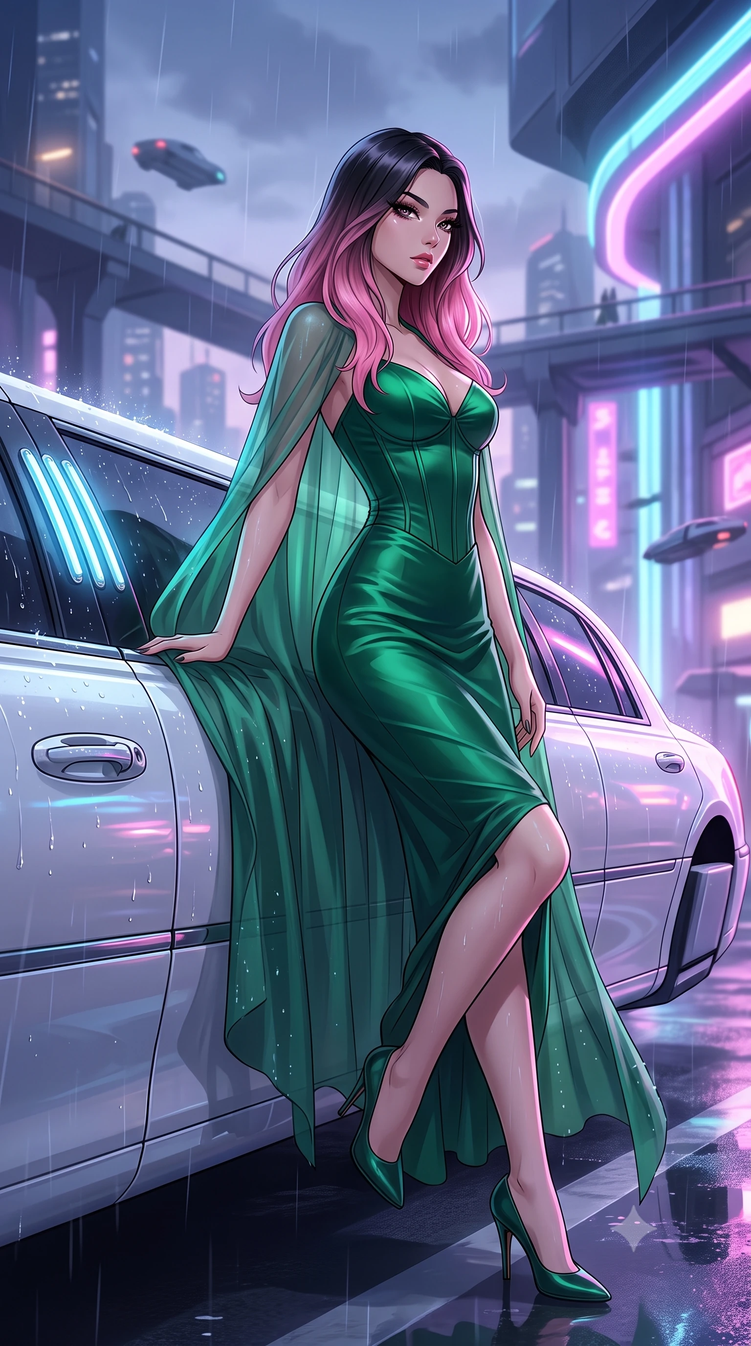 score_9, masterpiece, best quality, ultra-detailed, High-budget Anime Keyframe, East Asian woman. Dynamic full-body shot stretching the vertical silhouette to the limit. Scenario 440: leaning against a sleek white hover-limousine by a glowing neon window at twilight with soft rain falling. Her presence is magnetic and overpowering in this high-budget anime scene. Outfit 440: a slim-fit emerald green liquid silk corset dress draped with a semi-transparent chiffon cape. The clothing is designed to emphasize her exceptionally tall and slender 8-heads proportion. 8-heads proportion, towering silhouette, ultra-slim waist. sharp v-shaped jawline, intricate jewel-like eyes with depth, thick eyelashes, glossy lips. 2k, ultra detail, master piece, 9:16 ratio