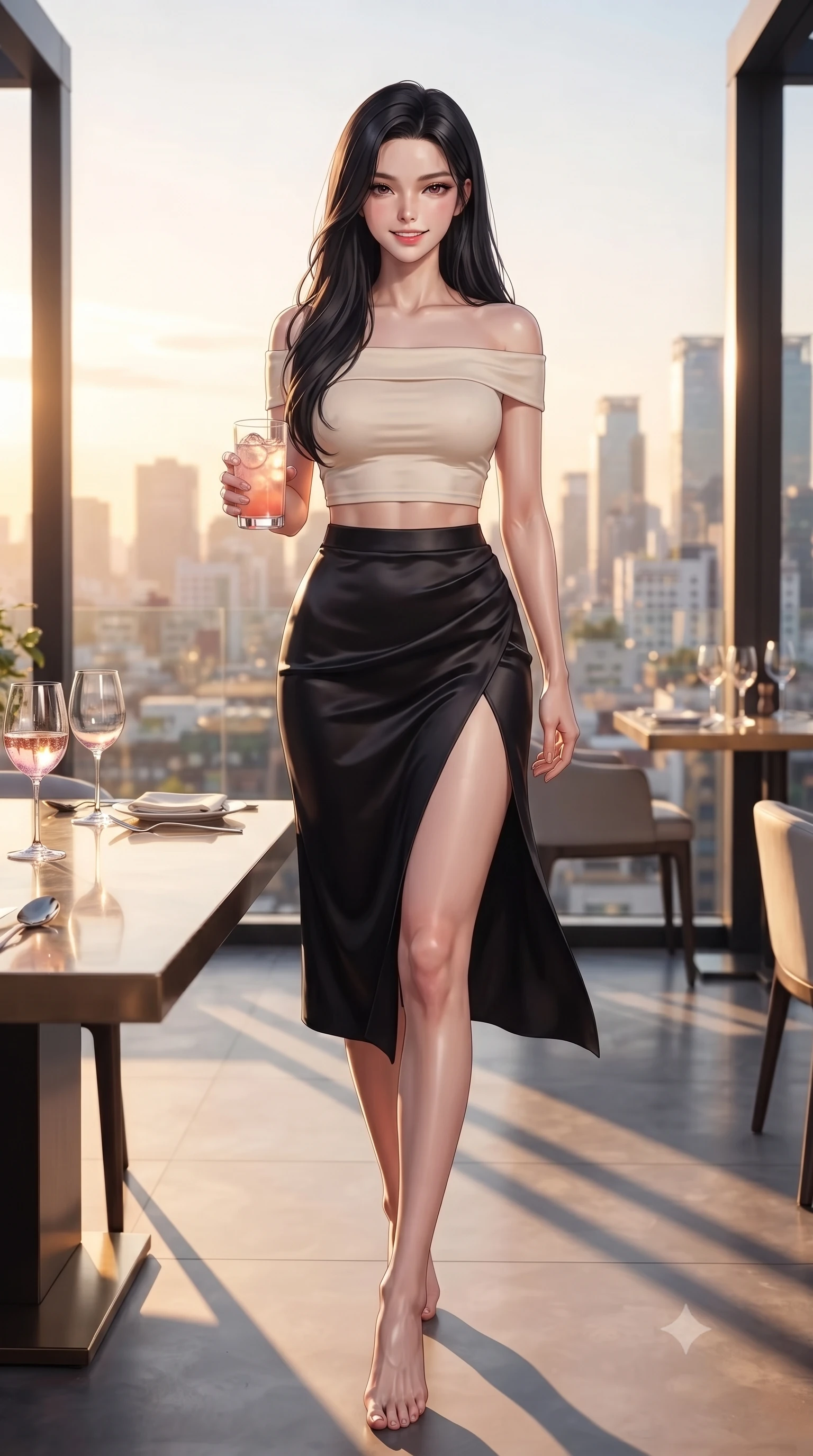 score_9, masterpiece, best quality, ultra-detailed, high-budget anime keyframe, editorial fashion photography, tasteful artistic composition, Korean woman. low angle full-body shot from head to toe showing her feet, filling the entire 9:16 vertical frame with her statuesque presence, stretching her vertical silhouette. stepping forward with an alluring, magnetic smile, her graceful posture highlighting her statuesque silhouette set against a soft-focus background of inside a modern rooftop restaurant overlooking a bright city skyline holding a glass of pink lemonade with a playful, cute smile. She has an absolutely perfect, statuesque 8.5-heads proportion, an exceptionally tall and slender model-like female figure with impossibly long slender legs and an ultra-slim waist. sharp v-shaped jawline, high-bridge nose, intricate jewel-like eyes with depth, thick eyelashes, glossy lips with a natural sheen. wearing slim-fit stylish off-shoulder crop top paired with a high-slit satin midi skirt. golden hour sunset light casting long warm shadows on the restaurant table. ultra-reflective glossy finish, specular highlights, metallic sheen, high-contrast stereoscopic depth, volumetric dynamic lighting, 2k, ultra detail, master piece, 9:16 ratio