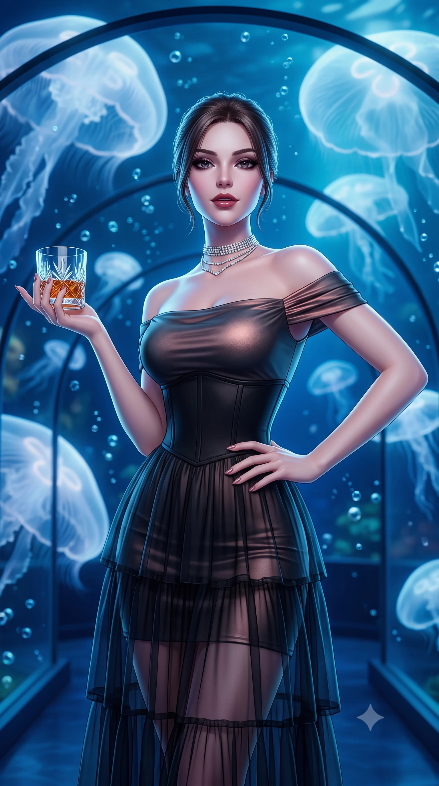 score_9, masterpiece, best quality, ultra-detailed, high-budget anime keyframe, semi-realistic 3D game render, editorial fashion photography, tasteful artistic composition, Caucasian woman. close-up cowboy shot from the waist and thighs up, the character dominates the composition, filling the frame with her large presence. twisting her slender torso in an alluring contrapposto stance, one hand resting on her sculpted hip while holding a crystal glass with effortless poise while standing centered within the curved acrylic tunnel as colossal translucent moon jellyfish pulse silently, arching her back with an ethereal, sovereign expression. The composition keeps background elements in soft focus with dreamy creamy bokeh. deep ocean water currents and floating air micro-bubbles softened in surreal aquatic shallow focus. She has an exceptionally elegant, slender, and willowy female figure with an ultra-slim waist, flat toned midriff, narrow ribcage, and sculpted feminine hips creating an alluring, slim hourglass silhouette without bulk. sharp v-shaped jawline, high-bridge nose, intricate jewel-like dark sparkling eyes with dangerous depth, thick curled eyelashes, glossy parted lips with a rich wine sheen, smoldering seductive half-smile with bedroom-eyes, exuding effortless superiority and intoxicating dark allure, flawlessly proportioned anatomical accuracy, strict slender model proportions, natural body alignment, perfectly sculpted long slender limbs, ultra-slim waistline, clean dynamic posture without body distortion. wearing a tiered semi-sheer black tulle and silk slip dress with an ultra-slim corseted waist and bare shoulders in smoky charcoal slate and molten rose gold, made of liquid-tight stretch jersey emphasizing every curve of her body, finished with a delicate diamond choker catching the chandelier light, the high-waisted tailoring accentuating her ultra-slim waistline and the enchanting curve of her feminine hips with alluring dark charm. bathed in deep ethereal sapphire and cyan bioluminescent ambient glow radiating from all sides. highly saturated vibrant anime colors, detailed shading with soft gradients, rich glossy textures, high-contrast stereoscopic depth, volumetric dynamic lighting, master piece, 9:16 ratio