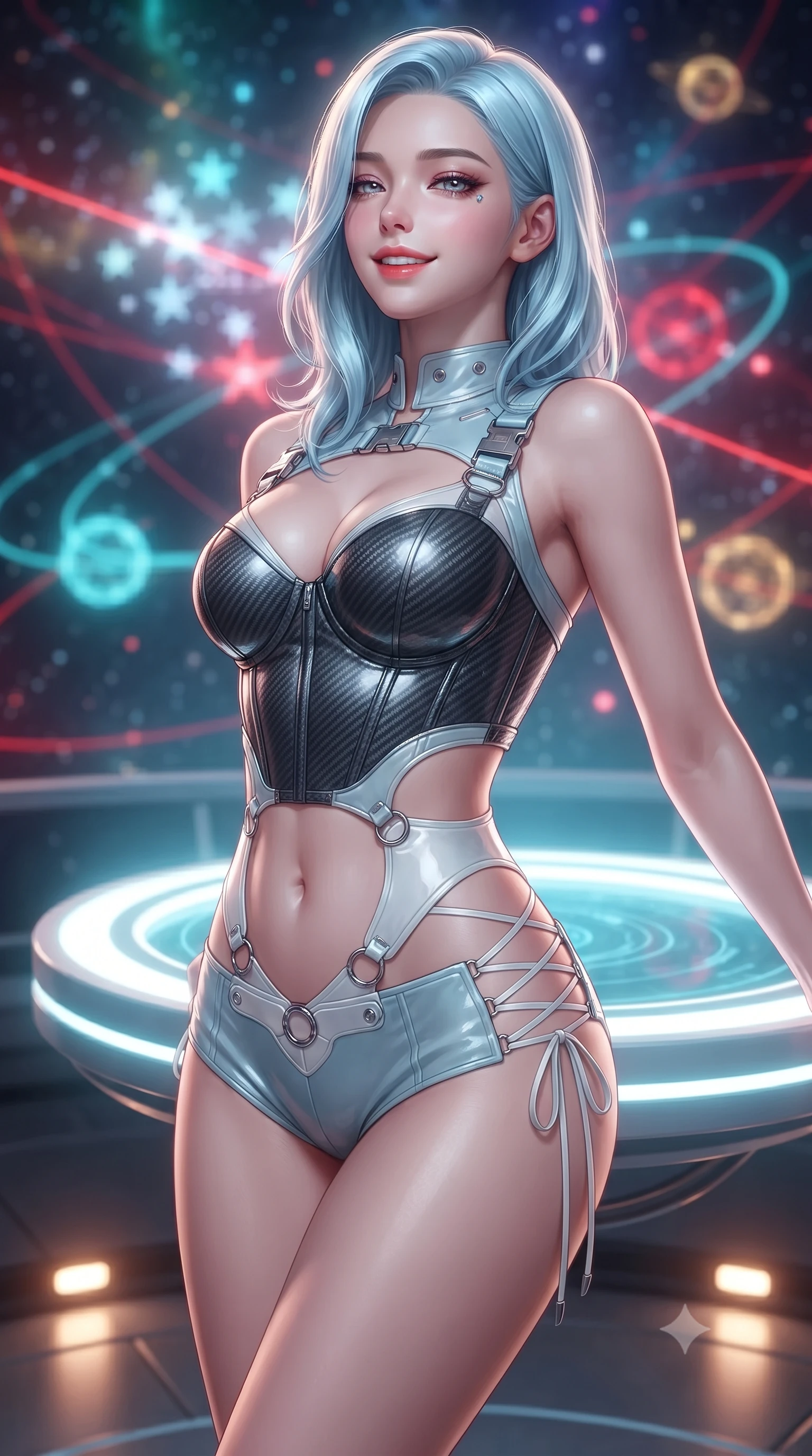 score_9, masterpiece, best quality, ultra-detailed, high-budget anime keyframe, editorial fashion photography, tasteful artistic composition, Korean woman. close-up cowboy shot from the waist and thighs up, the character dominates the composition, filling the frame with her large presence. leaning back against the balustrade with relaxed seductive grace, head tilted back slightly while casting a hypnotic, heavy-lidded gaze while leaning against the circular tactical holotank with hips cocked back, looking through glowing red and cyan fleet vectors with intoxicating smoldering bedroom-eyes. The background shows a soft-focus floating 3D holographic star clusters, pulsing red battle lines, and glowing planetary orbits blurred into cyan, crimson, and gold bokeh. She has an exceptionally elegant, slender, and willowy female figure with an ultra-slim waist, flat toned midriff, narrow ribcage, and sculpted feminine hips creating an alluring, slim hourglass silhouette without bulk. sharp v-shaped jawline, high-bridge nose, intricate jewel-like sparkling eyes with depth, thick eyelashes, glossy parted lips with a natural peach sheen, bright cheerful beaming smile with an enchanting and coquettish sensual glint, exuding both youthful cute charm and seductive allure, flawlessly proportioned anatomical accuracy, strict slender model proportions, natural body alignment, perfectly sculpted long slender limbs, ultra-slim waistline, clean dynamic posture without body distortion. wearing a sculpted carbon-fiber underwire crop corset with tactical buckle straps paired with low-rise micro shorts in arctic cryo-glacier ice blue and platinum white, adorned with delicate chrome ring hardware and cutouts along her slender waist, featuring fine criss-cross lace-up side ties revealing tantalizing glimpses of her hip curve, the form-contouring silhouette accentuating her sculpted flat midriff, narrow delicate ribcage, and gracefully curvy hips with intoxicating allure. bathed in the multi-colored celestial glow of the rotating holographic star system contrasted with subtle floor-level warm lights. ultra-reflective glossy finish, specular highlights, rich textural contrasts, high-contrast stereoscopic depth, volumetric dynamic lighting, 2k, ultra detail, master piece, 9:16 ratio