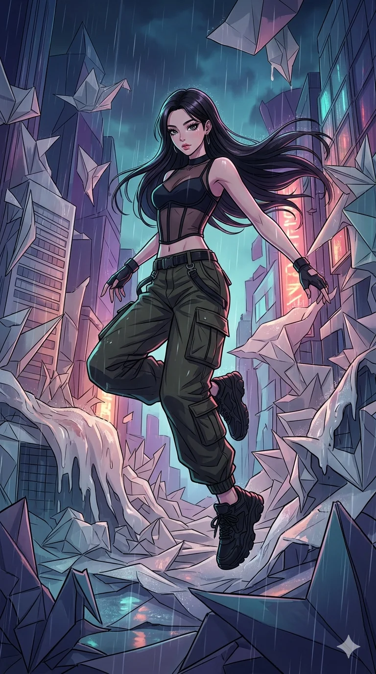 score_9, masterpiece, best quality, ultra-detailed, high-budget anime movie keyframe, cinematic anime lighting, intricate line art, Korean anime girl. Mid-air action shot capturing a graceful twist and vertical silhouette. collapsing in a world of folded paper as the rain starts to melt it. She has an absolutely perfect 8-heads proportion, an exceptionally tall and slender female figure with an ultra-slim waist and impossibly long slender legs. strictly human anatomy, two legs only, no extra limbs, clearly defined legs and arms, perfect anatomy, perfect hands and fingers. sharp v-shaped jawline, high-bridge nose, intricate jewel-like eyes, thick eyelashes, glossy lips. Wearing Urban Trendsetter: Ribbed bodycon dress, crop top with high-waist denim, and sheer corset with cargo pants. The scene is illuminated by dramatic atmospheric lighting and vibrant color palettes. , 2k, ultra detail, master piece, 9:16 ratio