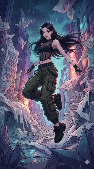 score_9, masterpiece, best quality, ultra-detailed, high-budget anime movie keyframe, cinematic anime lighting, intricate line art, Korean anime girl. Mid-air action shot capturing a graceful twist and vertical silhouette. collapsing in a world of fo