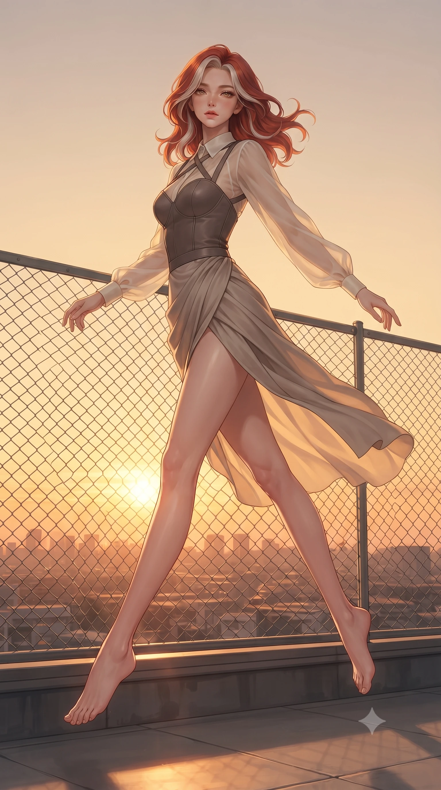 score_9, masterpiece, best quality, ultra-detailed, high-budget anime keyframe, editorial fashion photography, tasteful artistic composition, Caucasian woman. low angle full-body shot from head to toe showing her feet, filling the entire 9:16 vertical frame with her statuesque presence, stretching her vertical silhouette. leaping gracefully through the environment with statuesque elegance and long slender legs standing by the metal fence of a high school rooftop overlooking a sunset city skyline, warm amber glow illuminating the quiet architectural details of the campus. She has an absolutely perfect, statuesque 8.5-heads proportion, an exceptionally tall and slender model-like female figure with impossibly long slender legs and an ultra-slim waist. sharp v-shaped jawline, high-bridge nose, intricate jewel-like eyes with depth, thick eyelashes, glossy lips with a natural sheen. wearing a tailored leather bustier over a sheer silk chiffon blouse in muted taupe and soft ivory, formed from sleek second-skin neoprene, complemented by criss-cross back straps highlighting her bare shoulders, the elegant draped fit framing her graceful clavicle and slender torso. surrounded by a serene, nostalgic golden aura with soft backlighting. ultra-reflective glossy finish, specular highlights, metallic sheen, high-contrast stereoscopic depth, volumetric dynamic lighting, 2k, ultra detail, master piece, 9:16 ratio