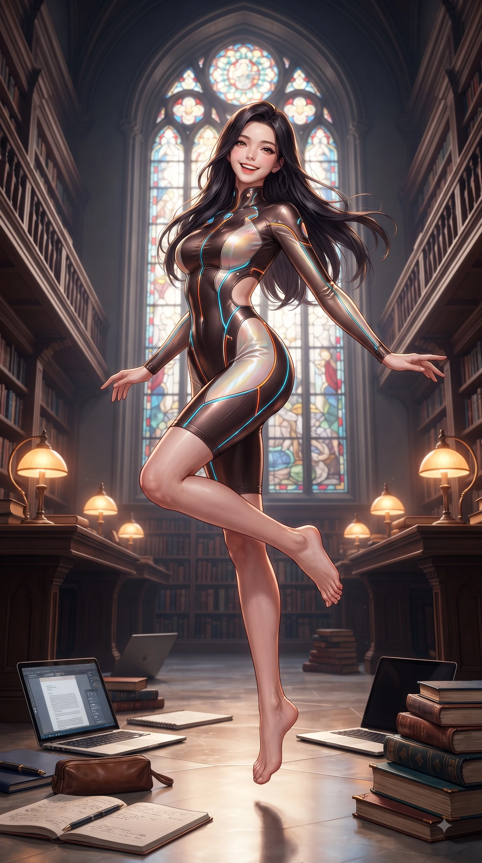 score_9, masterpiece, best quality, ultra-detailed, high-budget anime keyframe, editorial fashion photography, tasteful artistic composition, Korean woman. low angle full-body shot from head to toe showing her feet, filling the entire 9:16 vertical frame with her statuesque presence, stretching her vertical silhouette. performing a cheerful mid-air rotation with flawless poise, her radiant smile capturing fresh college girlhood energy while pivoting dynamically beside a towering arched stained glass window in a grand book hall, laptops, open notebooks, and leather pencil cases adding an authentic student vibe. She has an absolutely perfect, statuesque 8.5-heads proportion, an exceptionally tall and slender model-like female figure with impossibly long slender legs and an ultra-slim waist. sharp v-shaped jawline, high-bridge nose, intricate jewel-like eyes with depth, thick eyelashes, glossy lips with a natural sheen, flawlessly proportioned anatomical accuracy, natural body alignment, perfectly sculpted elegant limbs, clean dynamic posture without body distortion. wearing a skin-tight cybernetic bodysuit with glowing neon seams and side cutouts in espresso brown and warm cream, crafted from iridescent chiffon that shifts colors in the light, finished with a sleek side slit ascending to mid-thigh, the form-contouring material highlighting her ultra-slim waist and long lines. illuminated by soft glowing amber desk lamps and majestic window highlights. ultra-reflective glossy finish, specular highlights, metallic sheen, high-contrast stereoscopic depth, volumetric dynamic lighting, 2k, ultra detail, master piece, 9:16 ratio
