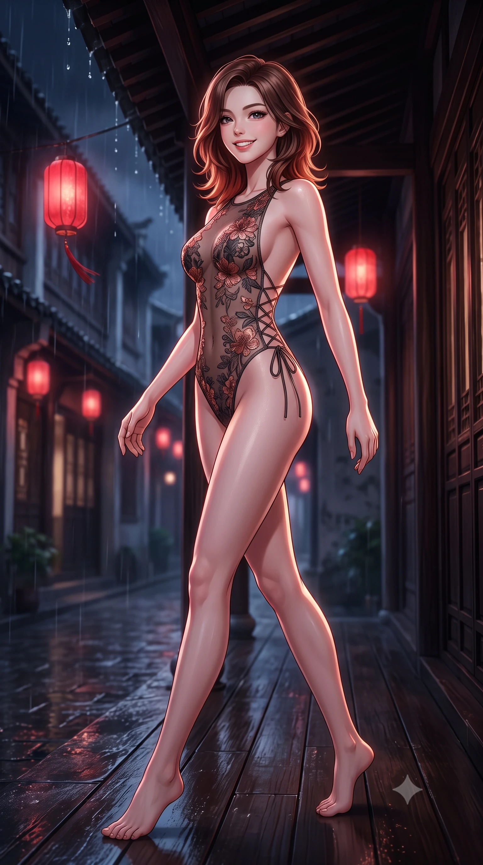 score_9, masterpiece, best quality, ultra-detailed, high-budget anime keyframe, semi-realistic 3D game render, editorial fashion photography, tasteful artistic composition, Korean woman. low angle full-body shot from head to toe showing her feet, filling the entire 9:16 vertical frame with her statuesque presence, stretching her vertical silhouette. stepping forward in a confident stride, her long slender legs and curvaceous hips creating a dynamic, sweeping vertical line while standing poised on the dark timber veranda of the restored Shikumen villa, arching her lower back as crimson silk lanterns flutter in the nocturnal breeze. The background shows a soft-focus rain droplets dripping from eaves softened in historic Shikumen alley nocturne shallow focus. She has an exceptionally tall and slender model-like 8.5-heads proportion, an ultra-slim waist, a flat toned midriff, narrow delicate ribcage, and beautifully sculpted feminine hips creating a graceful, slim hourglass silhouette without any bulky heaviness, with impossibly long slender legs. sharp v-shaped jawline, high-bridge nose, intricate jewel-like sparkling eyes with depth, thick eyelashes, glossy parted lips with a natural peach sheen, bright cheerful beaming smile with an enchanting and coquettish sensual glint, exuding both youthful cute charm and seductive allure, flawlessly proportioned anatomical accuracy, strict slender model proportions, natural body alignment, perfectly sculpted long slender limbs, ultra-slim waistline, clean dynamic posture without body distortion. wearing an open-back sheer lace leotard with high-cut leg openings and delicate floral embroidery framing her spine in sultry copper rose and deep shadow charcoal, woven from fine semi-opaque stretch illusion mesh tracing her slender contours, featuring fine criss-cross lace-up side ties revealing tantalizing glimpses of her hip curve, the precision-cut side openings and low-back scoop framing her graceful spine and the sensual sweep of her slim, toned hips. illuminated by wet ground specular highlights and sharp rose-gold rim lights sculpting her jawline, flat midriff, and curvy hips. highly saturated vibrant anime colors, detailed shading with soft gradients, rich glossy textures, high-contrast stereoscopic depth, volumetric dynamic lighting, master piece, 9:16 ratio