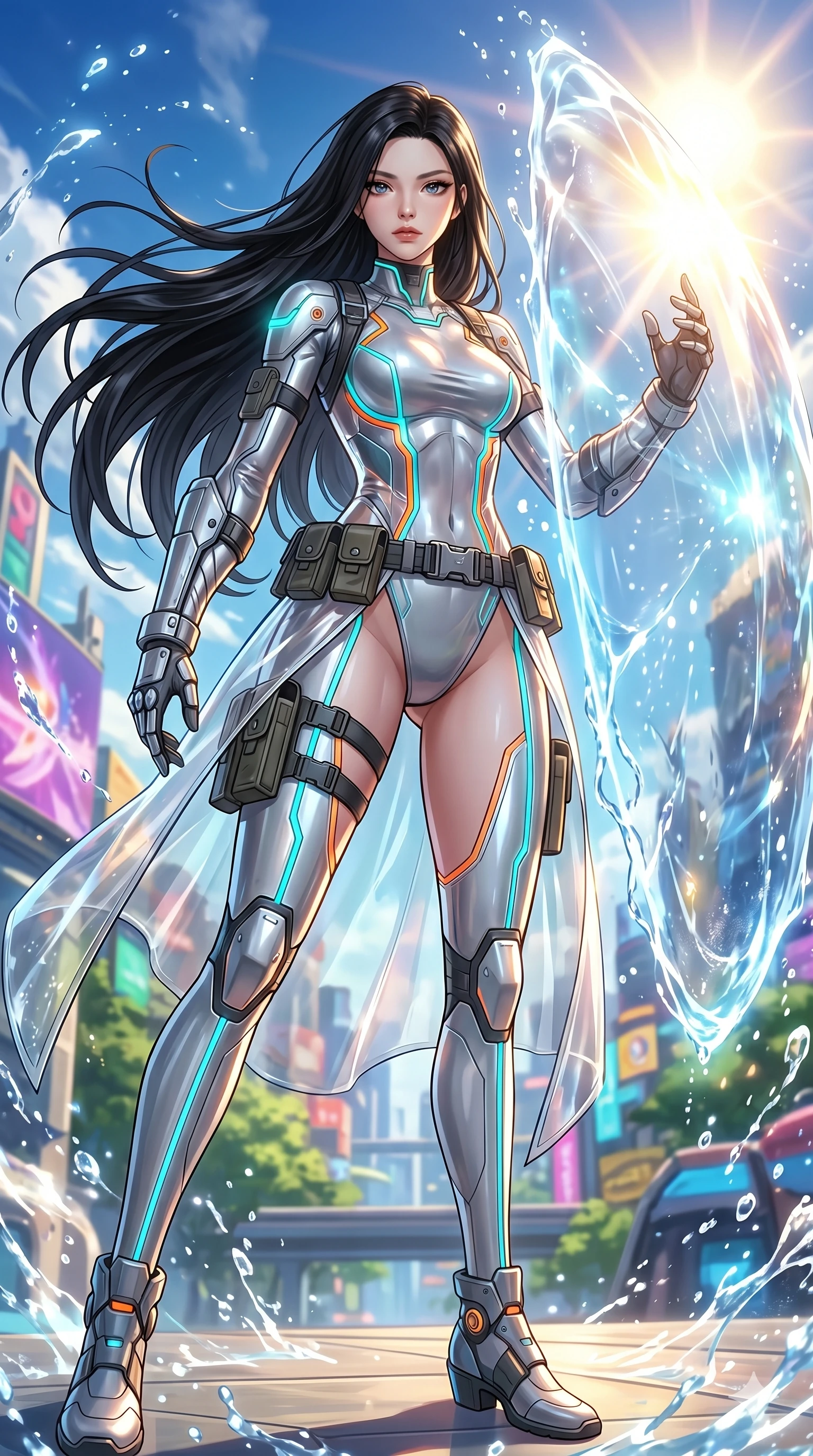 score_9, masterpiece, best quality, ultra-detailed, High-budget Anime Keyframe, beautiful Korean anime girl. Low angle cowboy shot filling the entire 9:16 frame with her overwhelming presence. Summoning a shield of water that reflects the sun with an overwhelming presence that dominates the space. She has an absolutely perfect 8-heads proportion, an exceptionally tall and slender female figure with impossibly long slender legs and an ultra-slim waist. Sharp v-shaped jawline, high-bridge nose, intricate jewel-like eyes with depth, thick eyelashes, glossy lips with a natural sheen. Wearing a Tech-Fantasy outfit: silver cybernetic tech-suit with glowing seams, translucent PVC over leotard, modular tactical gear. Background is a bright and colorful environment with cinematic lighting, dynamic particle effects, and high-contrast shadows. 2k, ultra detail, master piece, 9:16 ratio