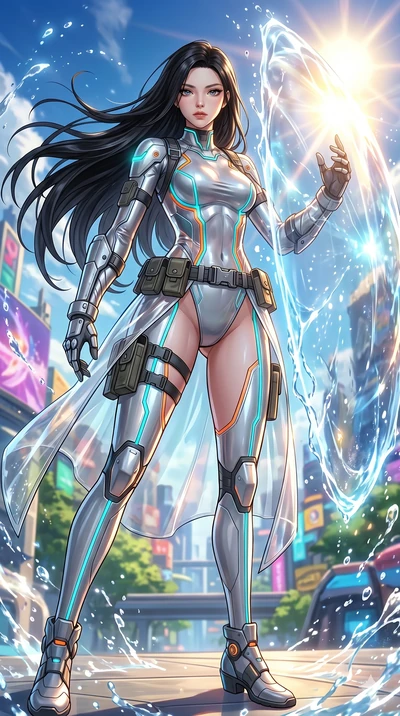 score_9, masterpiece, best quality, ultra-detailed, High-budget Anime Keyframe, beautiful Korean anime girl. Low angle cowboy shot filling the entire 9:16 frame with her overwhelming presence. Summoning a shield of water that reflects the sun with an