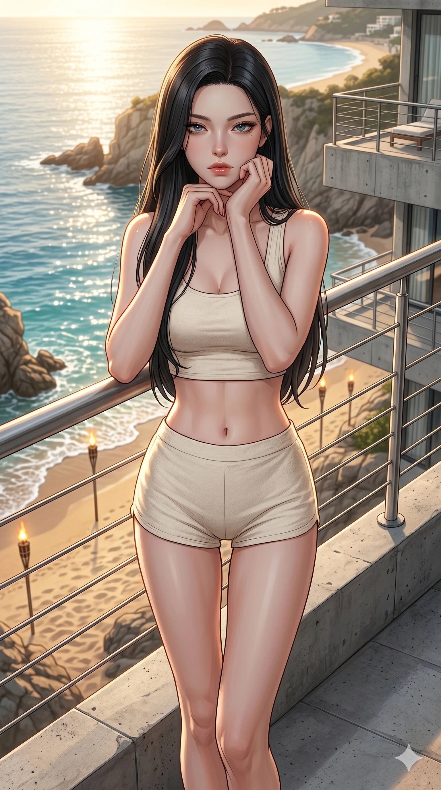 score_9, masterpiece, best quality, ultra-detailed, high-budget anime keyframe, editorial fashion photography, tasteful artistic composition, Korean woman. cowboy shot from the thighs up, character and outfit filling the frame for maximum editorial presence. resting her chin on the backs of her fingers, casting a heavy-lidded gaze in the sunlight on a modern concrete balcony overlooking a sparkling beach cove (Code-P19-101). She has an absolutely perfect 8-heads proportion, an exceptionally tall and slender female figure with impossibly long slender legs and an ultra-slim waist. V-shaped jawline, high-bridge nose, intricate jewel-like eyes with depth, thick eyelashes, glossy lips with a natural sheen. wearing a crop top showing her bare midriff and micro-shorts in organic cotton. warm golden light from the beach torches, tracing the elegant curves of her neck. 2k, ultra detail, master piece, 9:16 ratio