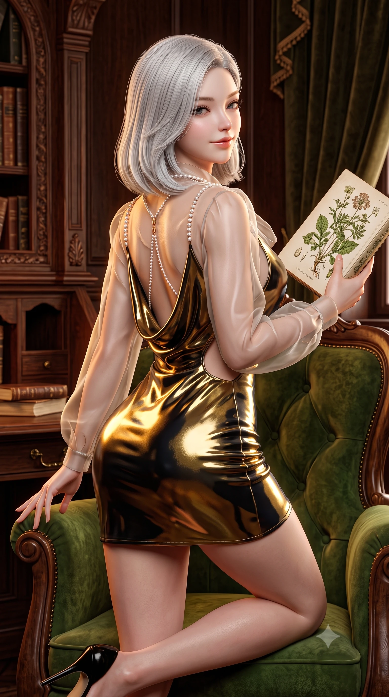 score_9, masterpiece, best quality, ultra-detailed, high-budget anime keyframe, semi-realistic 3D game render, editorial fashion photography, tasteful artistic composition, Korean woman. close-up cowboy shot from the waist and thighs up, the character dominates the composition, filling the frame with her large presence. perched sideways on the lounge seat, one knee drawn up to showcase her slender leg line while her arched back accentuates her feminine hip curve while perched sideways on an antique velvet armchair with legs crossed, holding a botanical illustration book with effortless intellectual allure. The surrounding environment is rendered in vivid detail and crisp panoramic clarity: detailed sheer organza blouse drape, dainty pearl necklace shine, and historical library furnishings in high resolution. She has an exceptionally elegant, slender, and willowy female figure with an ultra-slim waist, flat toned midriff, narrow ribcage, and sculpted feminine hips creating an alluring, slim hourglass silhouette without bulk. sharp v-shaped jawline, high-bridge nose, sparkling eyes with hypnotic seductive depth, thick curled eyelashes, glossy parted lips with a natural dewy peach sheen, alluring bedroom-eyes with an enchanting coquettish smile, exuding magnetic siren charisma and sophisticated glamour, flawlessly proportioned anatomical accuracy, strict slender model proportions, natural body alignment, perfectly sculpted long slender limbs, ultra-slim waistline, clean dynamic posture without body distortion. wearing a low-cut draped cowl-back satin slip mini dress with dainty pearl spaghetti straps and hip-hugging cut in dual-tone high-contrast gold-and-black monochrome, crafted from wet-look high-gloss vinyl fabric with dazzling specular surface reflections, finished with a pearl-drop body harness subtly framing her dewy collarbones and spine, the precision-cut side openings and low-back scoop framing her graceful spine and the sensual sweep of her slim, toned hips. illuminated by parchment reflection fill and sharp warm-amber rim lights defining her delicate clavicles, narrow waist, and curvy hips. highly saturated vibrant anime colors, detailed shading with soft gradients, rich glossy textures, high-contrast stereoscopic depth, volumetric dynamic lighting, master piece, 9:16 ratio