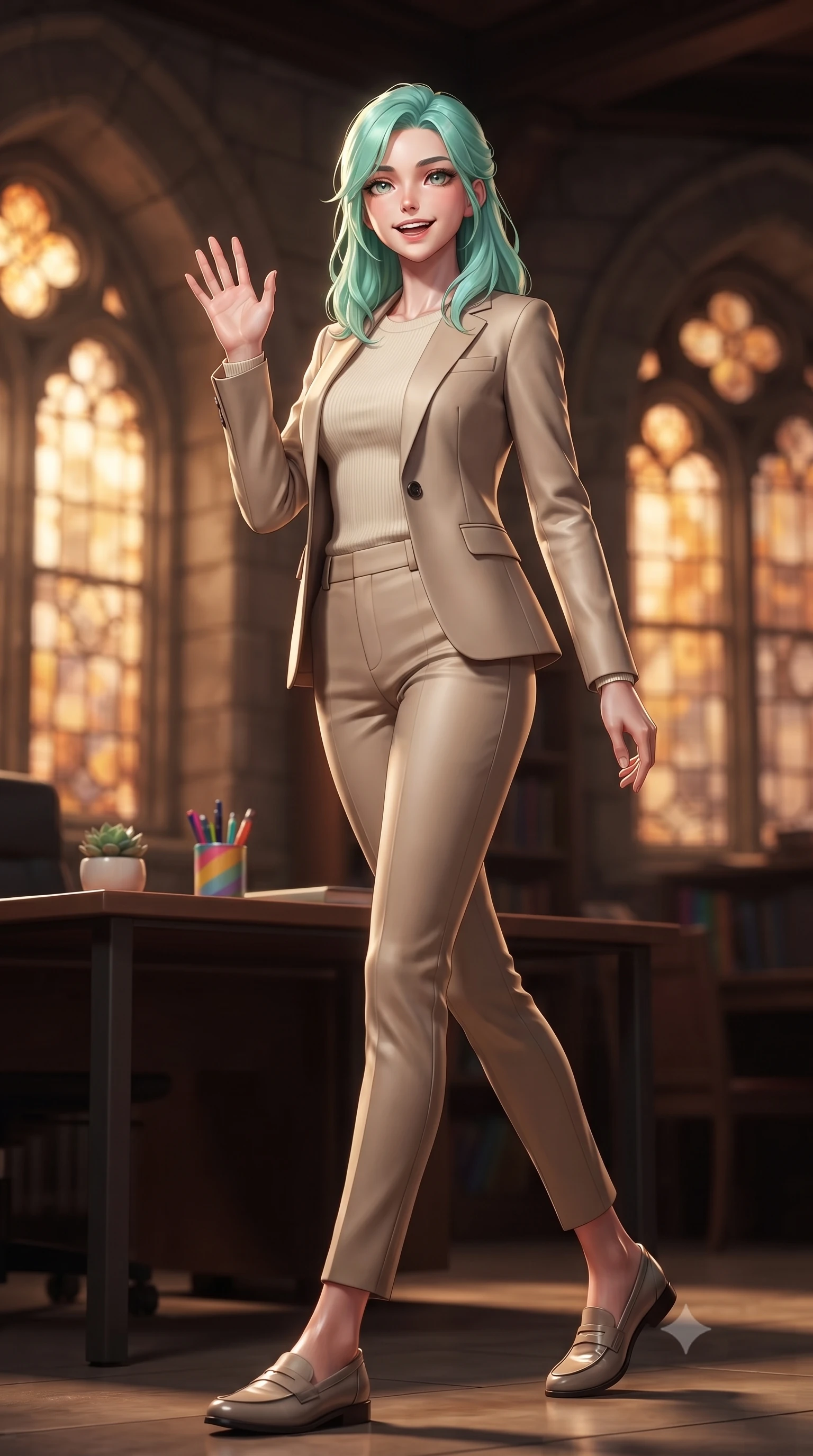 score_9, masterpiece, best quality, ultra-detailed, high-budget anime keyframe, editorial fashion photography, tasteful artistic composition, Japanese woman. low angle full-body shot from head to toe showing her feet, filling the entire 9:16 vertical frame with her statuesque presence, stretching her vertical silhouette. stepping forward with a bright, cheerful smile, waving happily at the viewer set against a soft-focus background of inside a historic municipal library room with arched stone windows with a tiny succulent pot and a colorful cup of pens on the desk. She has an absolutely perfect, statuesque 8.5-heads proportion, an exceptionally tall and slender model-like female figure with impossibly long slender legs and an ultra-slim waist. sharp v-shaped jawline, high-bridge nose, intricate jewel-like eyes with depth, thick eyelashes, glossy lips with a natural sheen. wearing slim-fit sleek tailored blazer in beige, worn closed over a slim-fit knit top and slim trousers. warm ambient uplighting creating a cozy, studious evening ambiance. ultra-reflective glossy finish, specular highlights, metallic sheen, high-contrast stereoscopic depth, volumetric dynamic lighting, 2k, ultra detail, master piece, 9:16 ratio