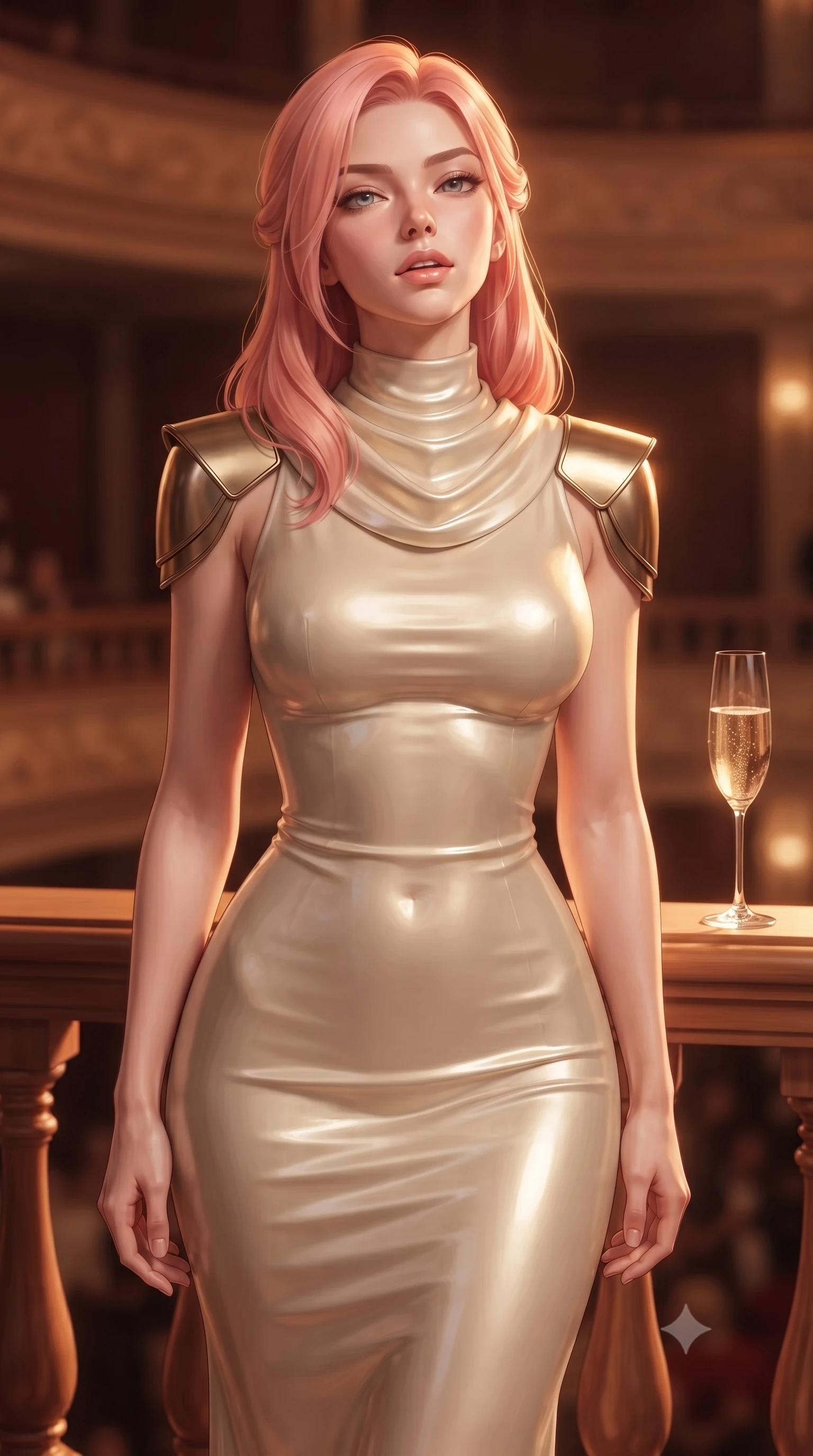 score_9, masterpiece, best quality, ultra-detailed, high-budget anime keyframe, editorial fashion photography, tasteful artistic composition, Japanese woman. close-up cowboy shot from the waist and thighs up, the character dominates the composition, filling the frame with her large presence, background elements kept in soft focus. tilting her chin up slightly with lips parted in a composed, provocative expression the background shows a soft-focus an intimate opera balcony with a glass of champagne on the wooden railing. She has an exceptionally elegant, slender, and willowy female figure with an ultra-slim waist, a gracefully sculpted slender torso, and a refined silhouette. sharp v-shaped jawline, high-bridge nose, intricate jewel-like eyes with depth, thick eyelashes, glossy lips with a natural sheen. wearing a form-contouring elegant galactic senate gown in cream cashmere, featuring structured metallic gold shoulder guards and a high-neck drape. warm sunset light casting a peaceful, cozy orange wash on her figure. ultra-reflective glossy finish, specular highlights, metallic sheen, high-contrast stereoscopic depth, volumetric dynamic lighting, 2k, ultra detail, master piece, 9:16 ratio