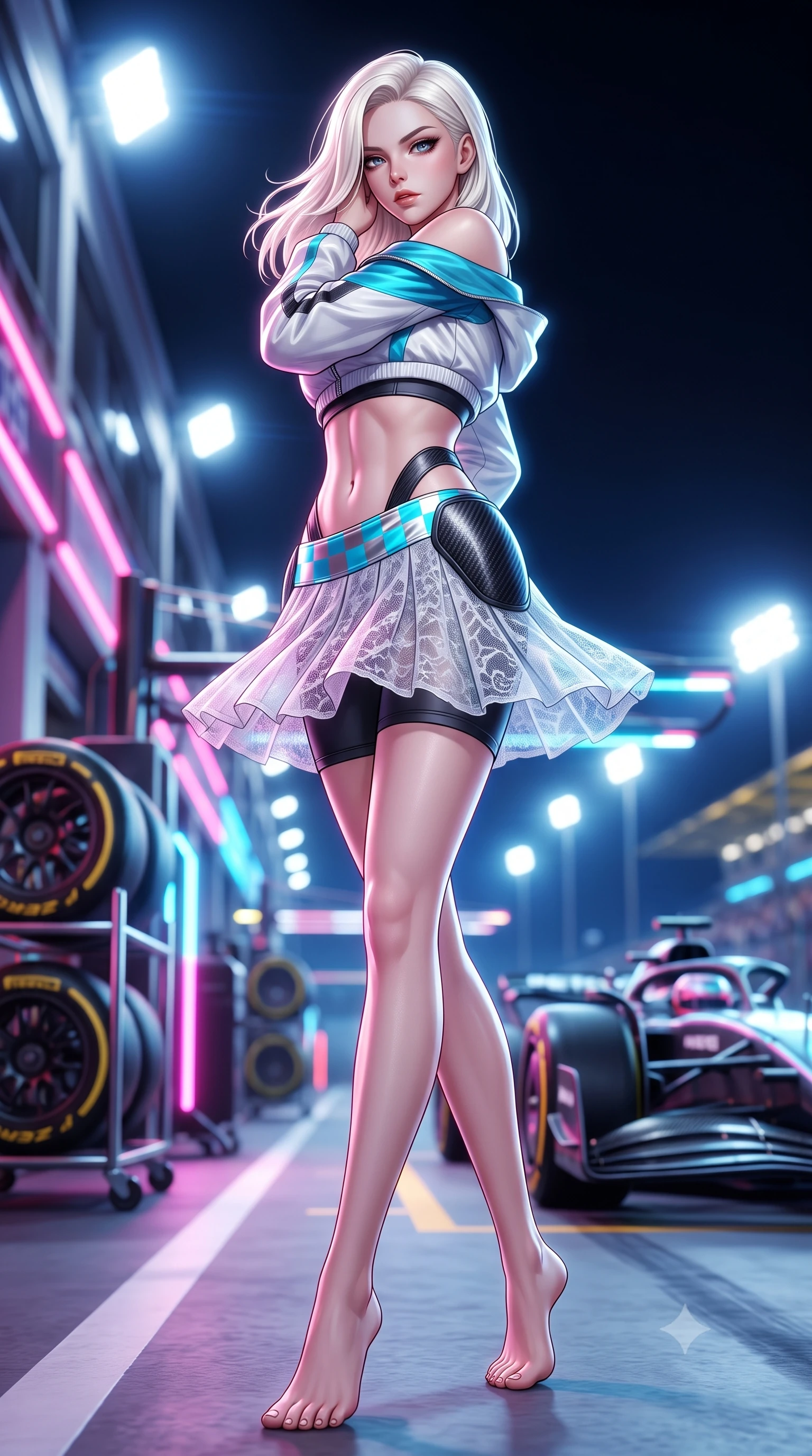 score_9, masterpiece, best quality, ultra-detailed, high-budget anime keyframe, semi-realistic 3D game render, editorial fashion photography, tasteful artistic composition, Caucasian woman. low angle full-body shot from head to toe showing her feet, filling the entire 9:16 vertical frame with her statuesque presence, stretching her vertical silhouette. executing an athletic pivot turn as her pleated tennis skirt flutters around her slender legs, glancing over her shoulder with an intoxicating, teasing bedroom-gaze while standing poised on the illuminated pit wall overlooking the brightly lit pit straight, arching her back with high-octane racing queen glamour. The background shows a soft-focus glowing tire warming racks and high-speed carbon fiber cars softened in thrilling night-race shallow focus. She has an absolutely perfect, statuesque 8.5-heads proportion, an exceptionally tall and slender model-like female figure with impossibly long slender legs, an ultra-slim waist, a flat toned midriff, narrow delicate ribcage, and beautifully sculpted feminine hips creating a graceful, slim hourglass silhouette without any bulky heaviness. sharp v-shaped jawline, high-bridge nose, sparkling eyes with athletic focus and depth, thick curled eyelashes, glossy parted lips with a natural coral-peach sheen, bright confident and coquettish smile with alluring bedroom-eyes, exuding both youthful sporty vigor and sovereign high-society glamour, flawlessly proportioned anatomical accuracy, strict slender model proportions, natural body alignment, perfectly sculpted long slender limbs, ultra-slim waistline, clean dynamic posture without body distortion. wearing an asymmetric off-shoulder cropped windbreaker jacket paired with tight high-waisted biker shorts and a checkered waist sash in metallic liquid silver and electric cyan, crafted from sheer delicate stretch lace reinforced with technical sport threads, accented with sleek aerodynamic carbon-fiber hip pads framing her narrow waist, the form-fitting tailored bodice adhering flawlessly to her sculpted flat midriff and slender torso, emphasizing her long leg lines and perfectly proportioned willowy build. bathed in intense, high-contrast track floodlight white and pit-box neon accents. highly saturated vibrant anime colors, detailed shading with soft gradients, rich glossy textures, high-contrast stereoscopic depth, volumetric dynamic lighting, master piece, 9:16 ratio