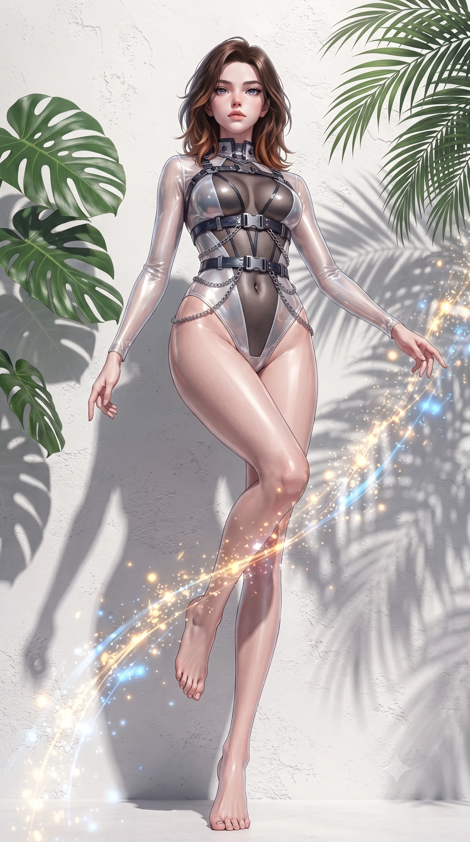 score_9, masterpiece, best quality, ultra-detailed, high-budget anime keyframe, editorial fashion photography, tasteful artistic composition, Korean woman. low angle full-body shot from head to toe showing her feet, filling the entire 9:16 vertical frame with her statuesque presence, stretching her vertical silhouette. interacting with glowing light particles, her long slender legs poised in motion, resting against a white plaster wall wrapped in lush green monstera shadows, tropical palm frond shadows casting organic stencil patterns across her body. She has an absolutely perfect, statuesque 8.5-heads proportion, an exceptionally tall and slender model-like female figure with impossibly long slender legs and an ultra-slim waist. sharp v-shaped jawline, high-bridge nose, intricate jewel-like eyes with depth, thick eyelashes, glossy lips with a natural sheen. wearing translucent liquid acrylic splash bodysuit with semi-opaque dark mesh in pearl white, made of matte carbon-fiber weave, framed by dark titanium buckles and silver chain details, accentuating her gracefully sculpted slender torso. lit by intense midday key rays highlighting her statuesque form. ultra-reflective glossy finish, specular highlights, metallic sheen, high-contrast stereoscopic depth, volumetric dynamic lighting, 2k, ultra detail, master piece, 9:16 ratio