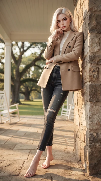 score_9, masterpiece, best quality, ultra-detailed, high-budget anime keyframe, editorial fashion photography, tasteful artistic composition, Caucasian woman woman. low angle full-body shot from head to toe showing her feet, filling the entire 9:16 v