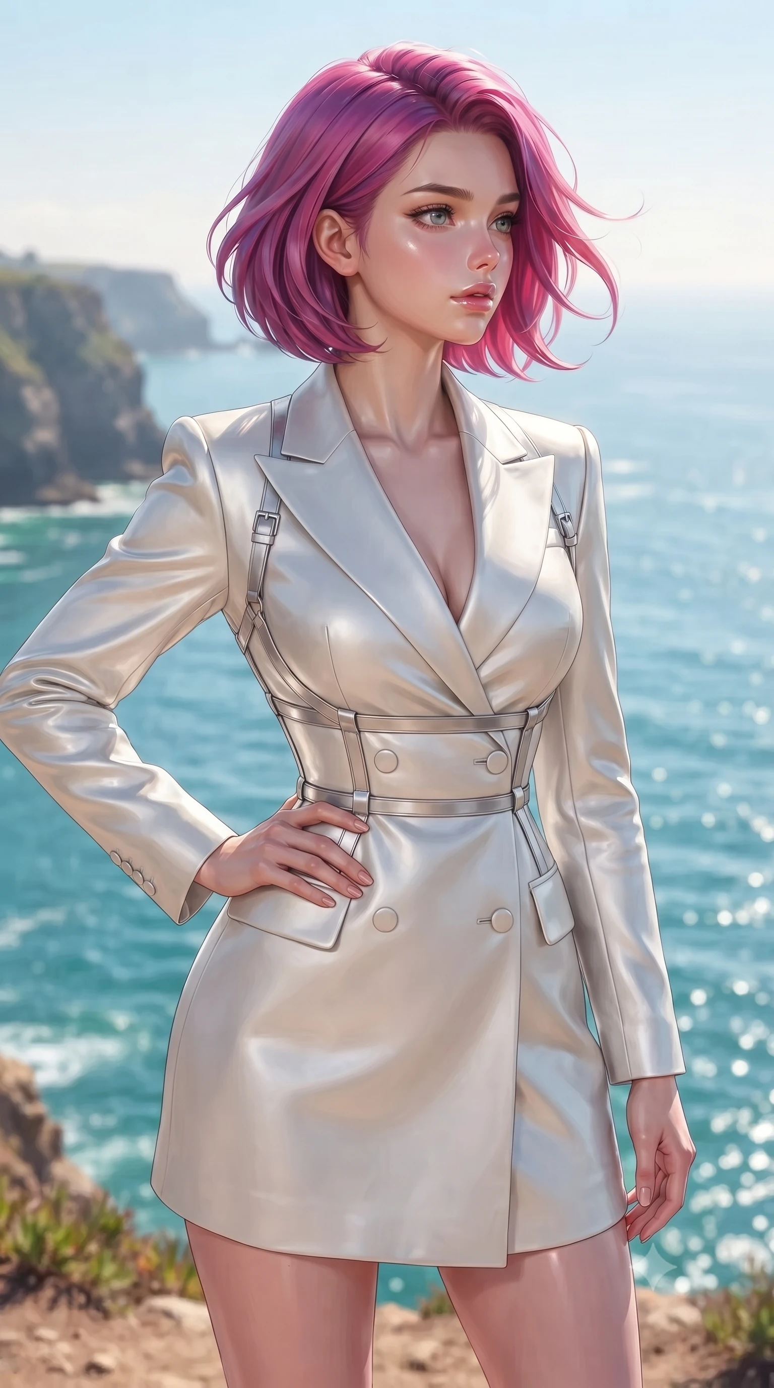 score_9, masterpiece, best quality, ultra-detailed, high-budget anime keyframe, editorial fashion photography, tasteful artistic composition, Caucasian woman. close-up cowboy shot from the waist and thighs up, the character dominates the composition, filling the frame with her large presence, background elements kept in soft focus. Holding a confident power pose with one hand on her hip, looking out over a sparkling turquoise ocean as wind trails move her attire, dewy natural skin finish with glossy lips and jewel-like eyes. She has an exceptionally elegant, slender, and willowy female figure with an ultra-slim waist, a gracefully sculpted slender torso, and a refined silhouette. sharp v-shaped jawline, high-bridge nose, intricate jewel-like eyes with depth, thick eyelashes, glossy lips with a natural sheen. wearing tailored double-breasted opal white blazer dress in metallic silver, made of polished ivory leather, highlighted by a platinum metallic harness structure, highlighting her statuesque proportions and ultra-slim waistline. lit by clear coastal daylight casting soft graceful shadows. highly saturated vibrant anime colors, detailed shading with soft gradients, rich glossy textures, high-contrast stereoscopic depth, volumetric dynamic lighting, master piece, 9:16 ratio