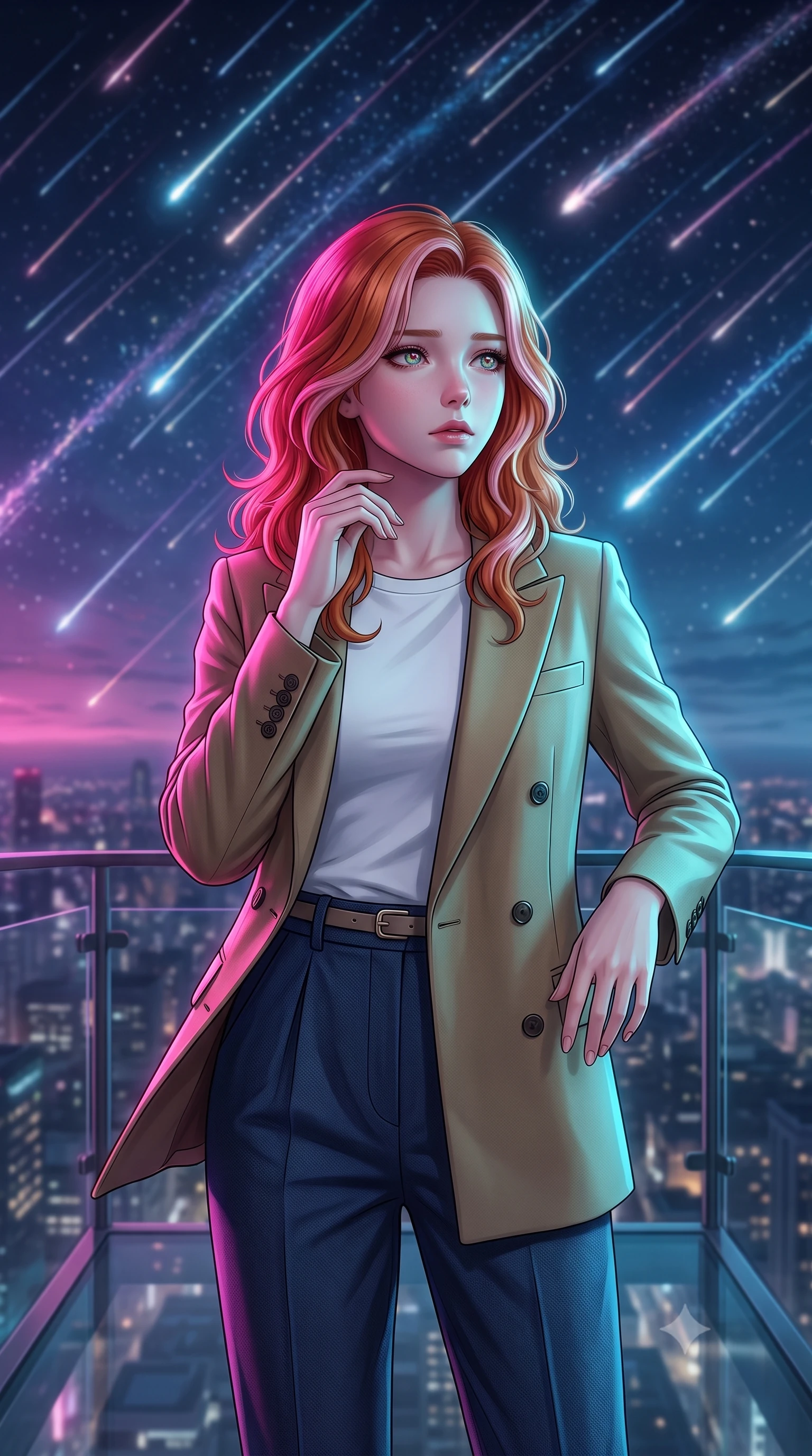 score_9, masterpiece, best quality, ultra-detailed, high-budget anime keyframe, editorial fashion photography, tasteful artistic composition, Caucasian woman, strictly human ears. close-up cowboy shot from the waist and thighs up, the character dominates the composition, filling the frame with her large presence, background elements kept in soft focus. Gazing into the distance with a wistful melancholic expression and softly glowing eyes. set against a soft-focus background of a transparent observation deck during the most spectacular meteor shower in a millennium thousands of bright streaks crossing the sky in every direction some leaving persistent glowing trails of ionized gas. She has an exceptionally elegant and slender, willowy female figure with an ultra-slim waist, a gracefully sculpted slender torso, and a refined slim physique. sharp v-shaped jawline, high-bridge nose, intricate jewel-like eyes with depth, thick eyelashes, glossy lips with a natural sheen. wearing a double-breasted khaki blazer over a white crew-neck tee and high-waisted navy pleated trousers. dual-tone lighting with hot magenta from the left and cool cyan from the right. 2k, ultra detail, master piece, 9:16 ratio