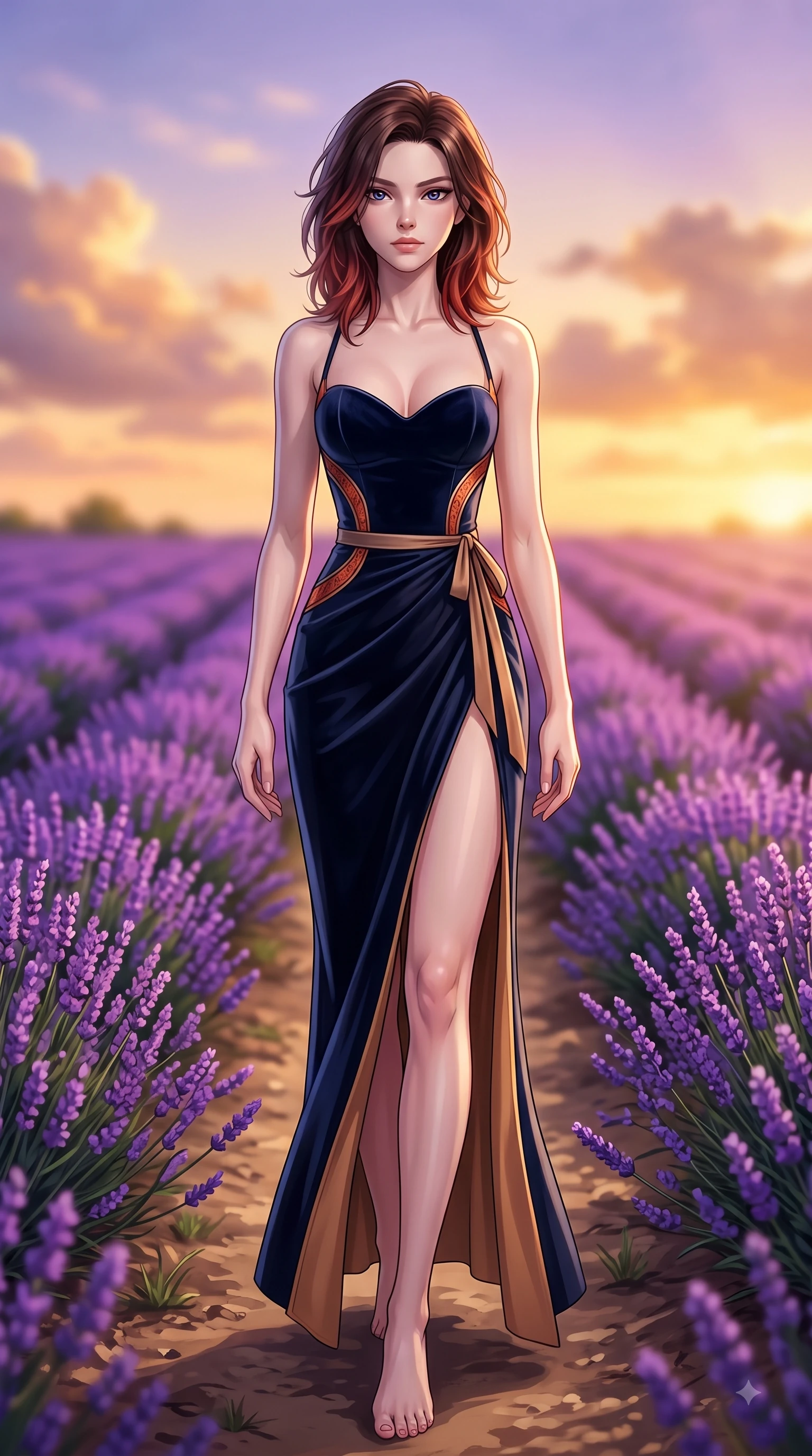 score_9, masterpiece, best quality, ultra-detailed, high-budget anime keyframe, editorial fashion photography, tasteful artistic composition, Korean woman. low angle full-body shot from head to toe showing her feet, filling the entire 9:16 vertical frame with her statuesque presence, stretching her vertical silhouette. Haughty, chic expression with a poised chin-tilt and an aloof, magnetic gaze commanding attention while stepping along a dirt path flanked by vibrant blossoms with an ethereal editorial grace. The composition keeps background elements in soft focus with dreamy bokeh. endless violet lavender rows and golden sunset clouds blurred into dreamy pastel bokeh. She has an absolutely perfect, statuesque 8.5-heads proportion, an exceptionally tall and slender model-like female figure with impossibly long slender legs and an ultra-slim waist. sharp v-shaped jawline, high-bridge nose, intricate jewel-like eyes with depth, thick eyelashes, glossy lips with a natural sheen, flawlessly proportioned anatomical accuracy, natural body alignment, perfectly sculpted elegant limbs, clean dynamic posture without body distortion. wearing a sleek dark navy velvet bustier gown with a deep slit and metallic accents in burnt orange and warm camel beige, crafted from soft breathable Italian linen, accented with a delicate side waist sash creating fluid lines, the tailored fit highlighting her statuesque and model-like silhouette. bathed in ethereal twilight glow and warm golden sunset horizon light. highly saturated vibrant anime colors, detailed shading with soft gradients, rich glossy textures, high-contrast stereoscopic depth, volumetric dynamic lighting, master piece, 9:16 ratio