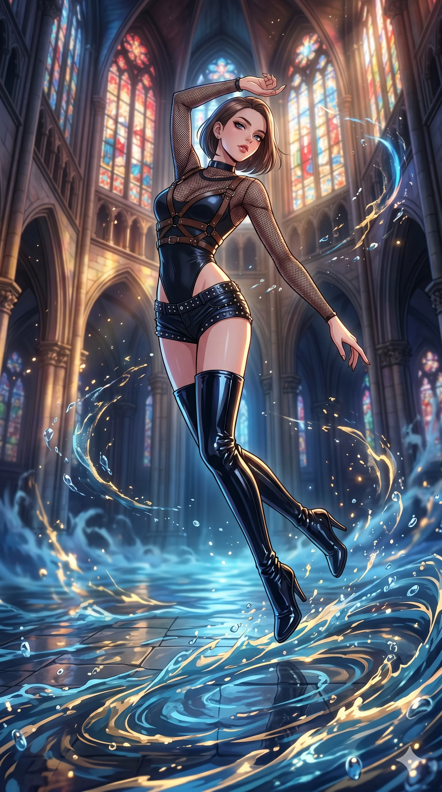 score_9, masterpiece, best quality, ultra-detailed, high-budget anime movie keyframe, cinematic anime lighting, intricate line art, Caucasian (strictly human ears) anime girl. Mid-air action shot capturing a graceful twist and vertical silhouette. kneeling in prayer in a cathedral of light as the floor turns into water. She has an absolutely perfect 8-heads proportion, an exceptionally tall and slender female figure with an ultra-slim waist and impossibly long slender legs. strictly human anatomy, two legs only, no extra limbs, clearly defined legs and arms, perfect anatomy, perfect hands and fingers. sharp v-shaped jawline, high-bridge nose, intricate jewel-like eyes, thick eyelashes, glossy lips. Wearing K-Idol Stage: Leather harness over mesh, high-cut bodysuit, studded micro-shorts, and thigh-high patent boots. The scene is illuminated by dramatic atmospheric lighting and vibrant color palettes. , 2k, ultra detail, master piece, 9:16 ratio