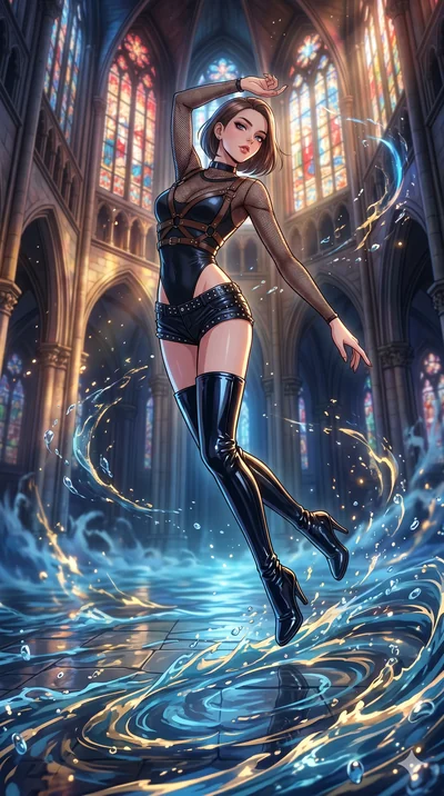 score_9, masterpiece, best quality, ultra-detailed, high-budget anime movie keyframe, cinematic anime lighting, intricate line art, Caucasian (strictly human ears) anime girl. Mid-air action shot capturing a graceful twist and vertical silhouette. kn