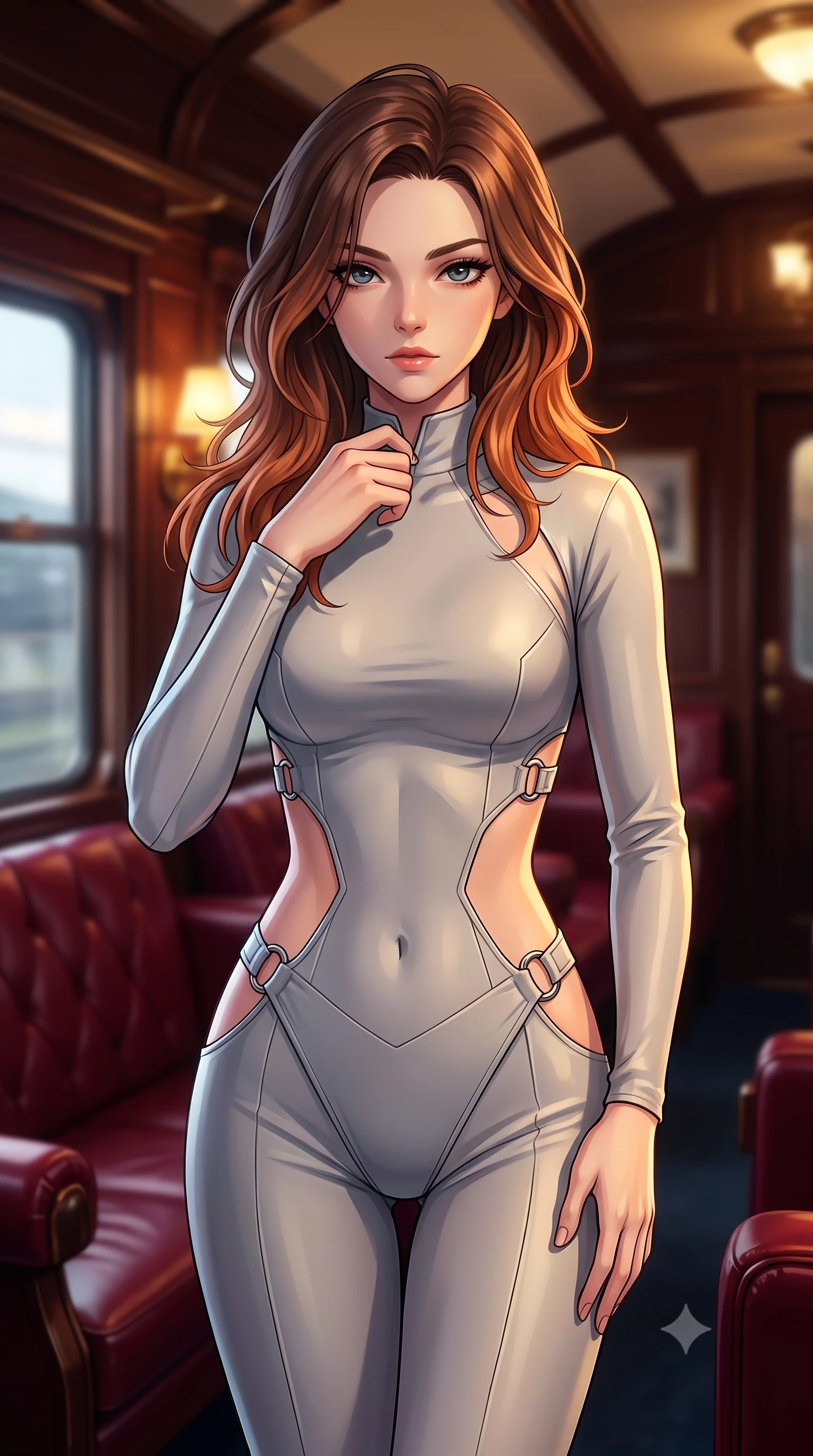 score_9, masterpiece, best quality, ultra-detailed, high-budget anime keyframe, editorial fashion photography, tasteful artistic composition, Korean woman. close-up cowboy shot from the waist and thighs up, the character dominates the composition, filling the frame with her large presence, background elements kept in soft focus. adjusting the high collar of her body-hugging suit, looking past the camera with quiet, sharp focus and a composed expression, the background shows a soft-focus a train lounge car with deep crimson leather seats and wood panels. She has an exceptionally elegant, slender, and willowy female figure with an ultra-slim waist, a gracefully sculpted slender torso, and a refined silhouette. sharp v-shaped jawline, high-bridge nose, intricate jewel-like eyes with depth, thick eyelashes, glossy lips with a natural sheen. wearing a tailored light carbon-plate combat bodysuit featuring dramatic geometric open-waist cutouts framed by chrome ring hardware. warm golden lamplight casting cozy, intimate shadows on her outfit. highly saturated vibrant anime colors, detailed shading with soft gradients, rich glossy textures, high-contrast stereoscopic depth, volumetric dynamic lighting, master piece, 9:16 ratio