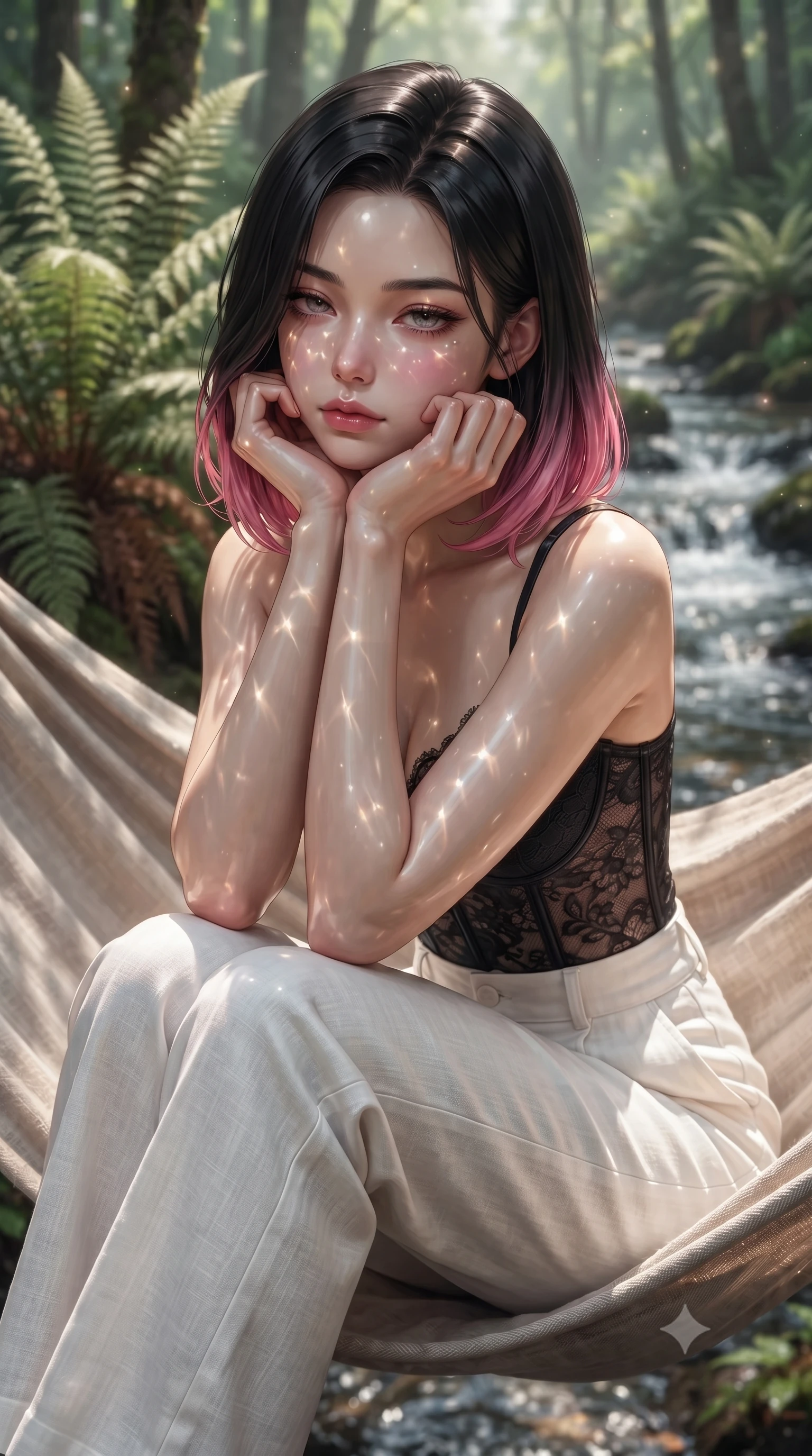 score_9, masterpiece, best quality, ultra-detailed, high-budget anime keyframe, editorial fashion photography, tasteful artistic composition, Korean woman. close-up cowboy shot from the waist and thighs up, the character dominates the composition, filling the frame with her large presence, background elements kept in soft focus. resting her chin on the backs of her fingers, casting a heavy-lidded, sultry look past the camera the background shows a soft-focus a cozy hammock lounge surrounded by tall ferns and a bubbling forest stream. She has an exceptionally elegant, slender, and willowy female figure with an ultra-slim waist, a gracefully sculpted slender torso, and a refined silhouette. sharp v-shaped jawline, high-bridge nose, intricate jewel-like eyes with depth, thick eyelashes, glossy lips with a natural sheen. wearing a tailored delicate lace corset top in black silk, paired with high-waisted white linen trousers. dappled sunbeams reflecting off the moving water surface onto her form. ultra-reflective glossy finish, specular highlights, metallic sheen, high-contrast stereoscopic depth, volumetric dynamic lighting, 2k, ultra detail, master piece, 9:16 ratio