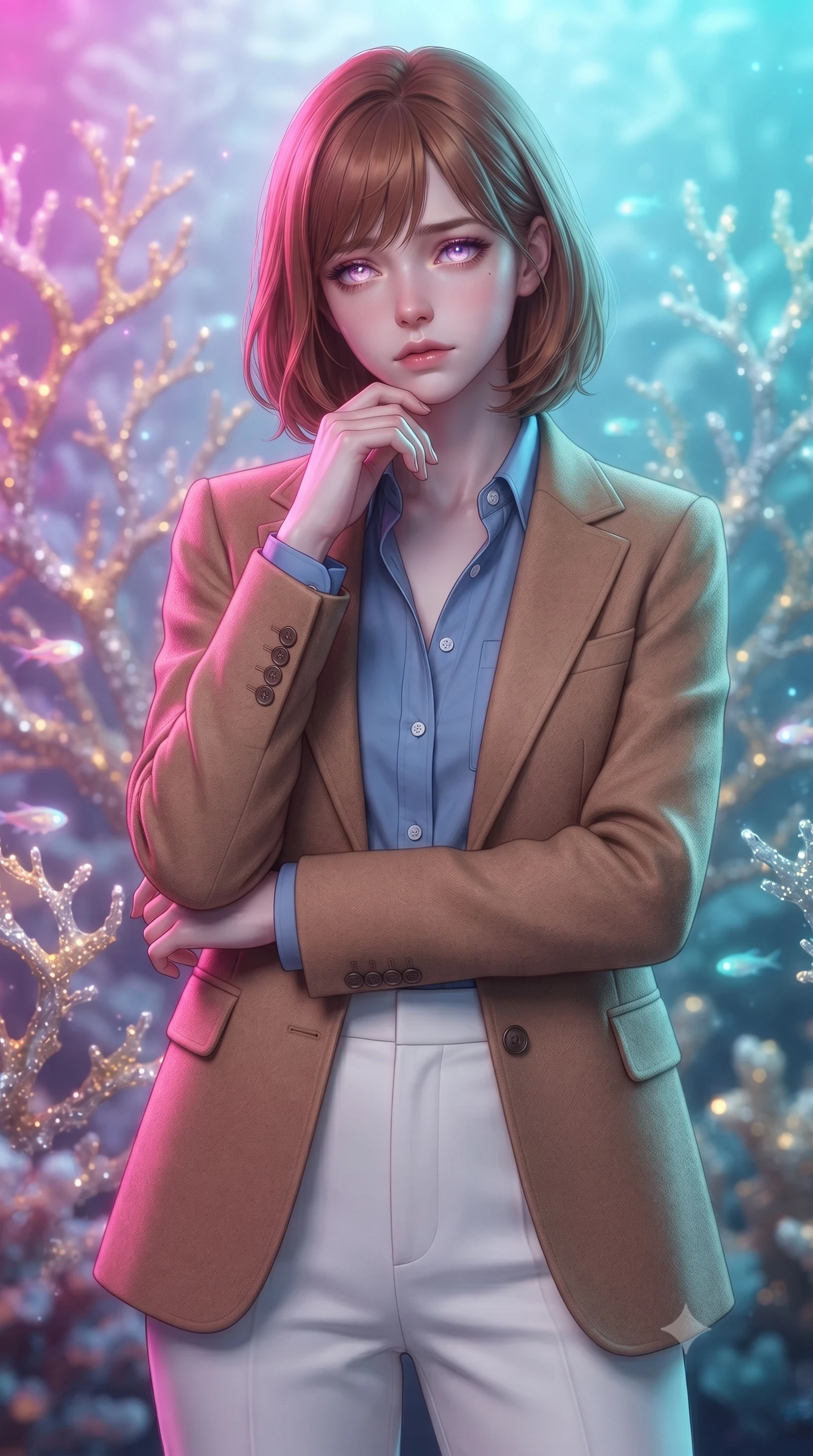 score_9, masterpiece, best quality, ultra-detailed, high-budget anime keyframe, editorial fashion photography, tasteful artistic composition, Caucasian woman, strictly human ears. close-up cowboy shot from the waist and thighs up, the character dominates the composition, filling the frame with her large presence, background elements kept in soft focus. Gazing into the distance with a wistful melancholic expression and softly glowing eyes. set against a soft-focus background of an underwater-like garden where coral formations are made entirely of solidified starlight in gold and silver their branches delicate as filigree swaying gently in cosmic currents with tiny light-fish darting between them. She has an exceptionally elegant and slender, willowy female figure with an ultra-slim waist, a gracefully sculpted slender torso, and a refined slim physique. sharp v-shaped jawline, high-bridge nose, intricate jewel-like eyes with depth, thick eyelashes, glossy lips with a natural sheen. wearing a structured camel wool blazer over a French blue cotton button-down shirt and high-waisted white trousers. dual-tone lighting with hot magenta from the left and cool cyan from the right. 2k, ultra detail, master piece, 9:16 ratio