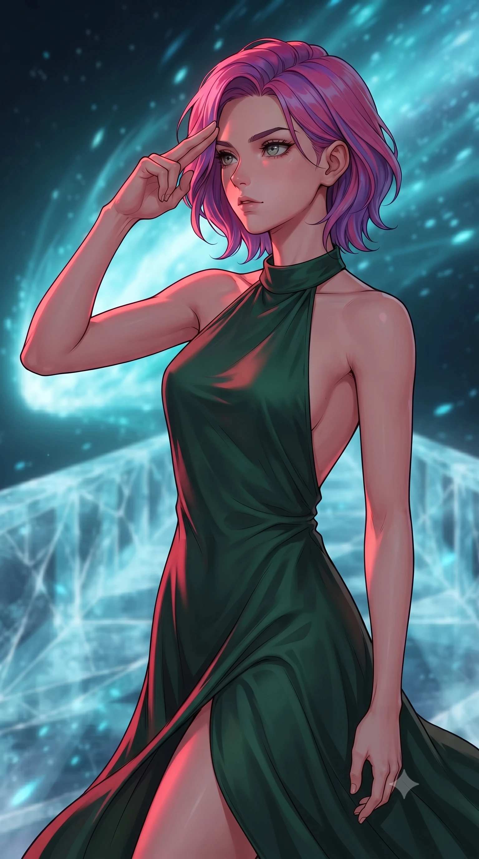 score_9, masterpiece, best quality, ultra-detailed, high-budget anime keyframe, gorgeous anime illustration, with clean line-art and distinct ink outlines, Caucasian woman, strictly human ears. close-up cowboy shot from the waist and thighs up, the character dominates the composition, filling the frame with her large presence, background elements kept in soft focus. Pressing two fingers to her temple in a composed thoughtful gesture. set against a soft-focus background of crossing a bridge of frozen methane ice stretching through the glowing turquoise tail of a passing comet, cosmic dust particles rushing past like a blizzard of blue sparks. She has an exceptionally elegant and slender, willowy female figure with an ultra-slim waist, a gracefully sculpted slender torso, and a refined slim physique. sharp v-shaped jawline, high-bridge nose, intricate jewel-like eyes with depth, thick eyelashes, glossy lips with a natural sheen. wearing a backless halter-neck silk dress in deep forest green, flowing elegantly along her slender figure. deep crimson theatrical lighting with sharp specular highlights on every curve. 2k, ultra detail, master piece, 9:16 ratio, vibrant anime color palette, detailed cel-shading with soft gradients, rich contrast, dynamic lighting, 2d animation style