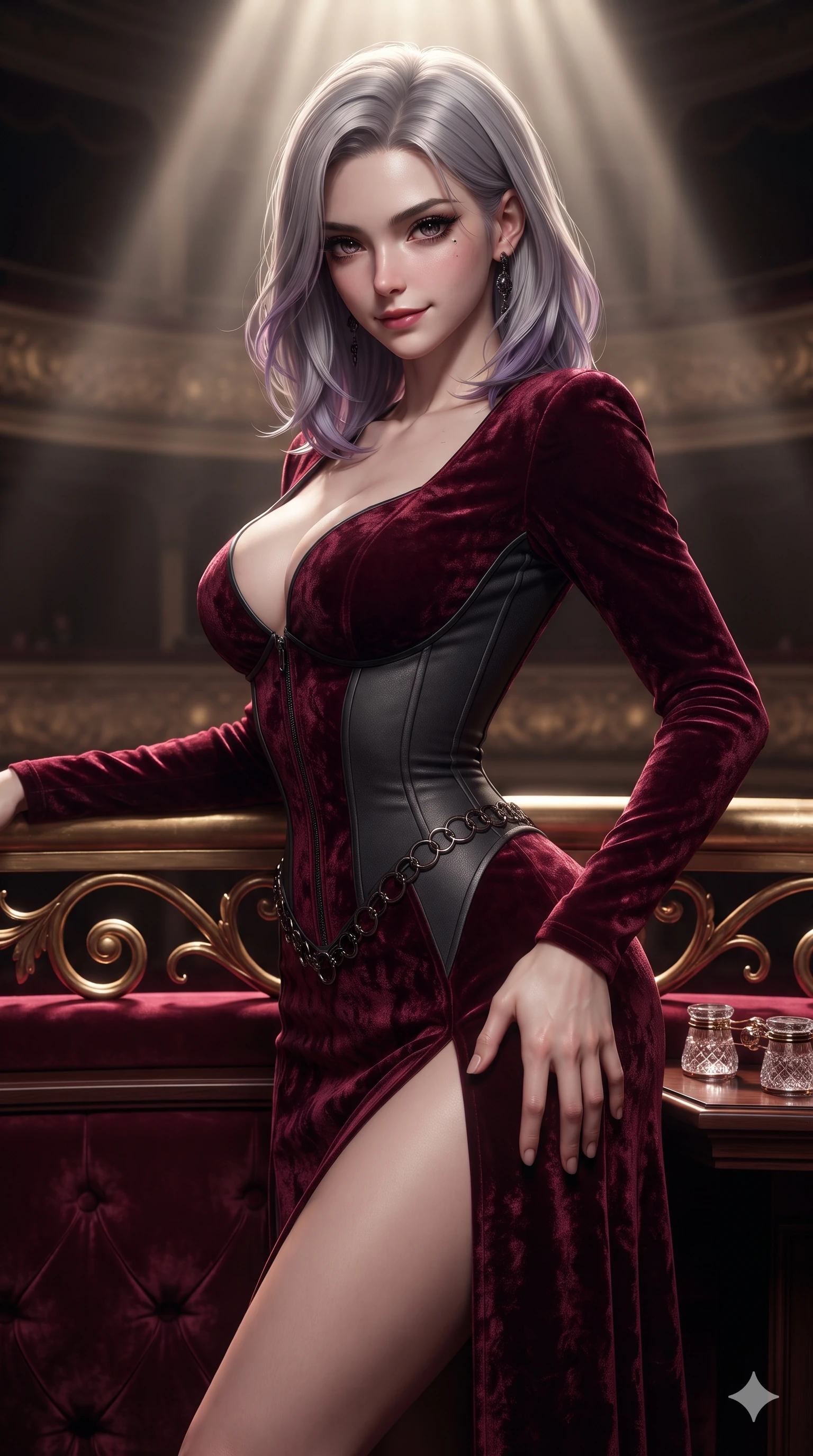 score_9, masterpiece, best quality, ultra-detailed, high-budget anime keyframe, editorial fashion photography, tasteful artistic composition, Caucasian woman. close-up cowboy shot from the waist and thighs up, the character dominates the composition, filling the frame with her large presence. tilting her head with a teasing half-smile, running one hand slowly down the side of her hip in a flirtatious S-curve while twisting her slender torso in an alluring S-curve against the gilded brass balcony rail, dramatic stage beams illuminating her flat midriff and hips. The surrounding environment is rendered in vivid detail and crisp panoramic clarity: sharp tufted velvet rail stitching, polished brass scrollwork, and cut-crystal opera glasses on mahogany ledge in deep focus. She has an exceptionally elegant, slender, and willowy female figure with an ultra-slim waist, flat toned midriff, narrow ribcage, and sculpted feminine hips creating an alluring, slim hourglass silhouette without bulk. sharp v-shaped jawline, high-bridge nose, intricate jewel-like dark sparkling eyes with hypnotic seductive depth, thick curled eyelashes, glossy parted lips with a natural wine sheen, alluring bedroom-eyes with an enigmatic smoldering smile, exuding magnetic sovereign charisma and dark avant-garde glamour, flawlessly proportioned anatomical accuracy, strict slender model proportions, natural body alignment, perfectly sculpted long slender limbs, ultra-slim waistline, clean dynamic posture without body distortion. wearing a low-cut gothic structured bodice gown with high leg slit in deep crimson burgundy and matte charcoal, tailored from crushed dark velvet with deep light-absorbing plush texture, trimmed with dark chrome ring hardware along the waist contours, the glove-like silhouette tightly following the natural contour of her hips and long slender legs with youthful 8.5-heads elegance. illuminated by crimson velvet rail bounce and sharp champagne-rose rim lights defining her razor-sharp jawline, narrow waist, and curvy hips. ultra-reflective glossy finish, specular highlights, metallic sheen, high-contrast stereoscopic depth, volumetric dynamic lighting, 2k, ultra detail, master piece, 9:16 ratio