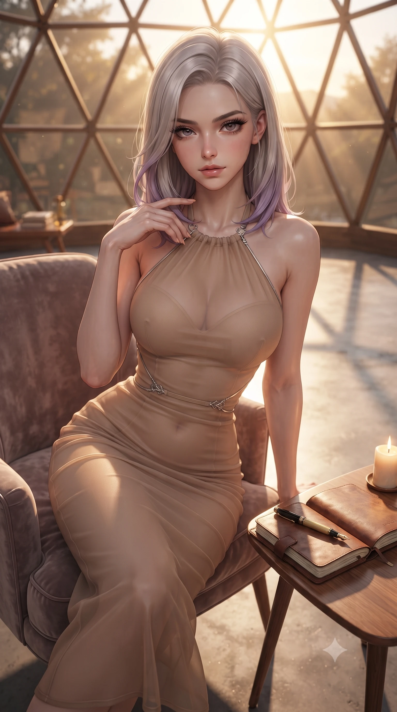score_9, masterpiece, best quality, ultra-detailed, high-budget anime keyframe, editorial fashion photography, tasteful artistic composition, Caucasian woman. close-up cowboy shot from the waist and thighs up, the character dominates the composition, filling the frame with her large presence, background elements kept in soft focus. gently tracing her fingertips along her bare collarbone, casting a sultry gaze beneath long dark eyelashes set against a soft-focus background of inside an exclusive geodesic dome with an open leather journal and a gold fountain pen sitting next to a candle. She has an exceptionally elegant, slender, and willowy female figure with an ultra-slim waist, a gracefully sculpted slender torso, and a refined silhouette. sharp v-shaped jawline, high-bridge nose, intricate jewel-like eyes with depth, thick eyelashes, glossy lips with a natural sheen. wearing body-hugging warm beige sheer organza form-contouring cashmere halter dress tracing her statuesque physique accented with delicate silver hardware. bathed in warm golden hour sunbeams that cast long, romantic shadows across the floor. ultra-reflective glossy finish, specular highlights, metallic sheen, high-contrast stereoscopic depth, volumetric dynamic lighting, 2k, ultra detail, master piece, 9:16 ratio