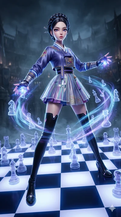 score_9, masterpiece, best quality, ultra-detailed, semi-realistic 3D game render, high-fidelity textures, Unreal Engine 5 style, Korean anime girl. Dynamic full-body shot stretching the vertical silhouette with extreme perspective. summoning a phant