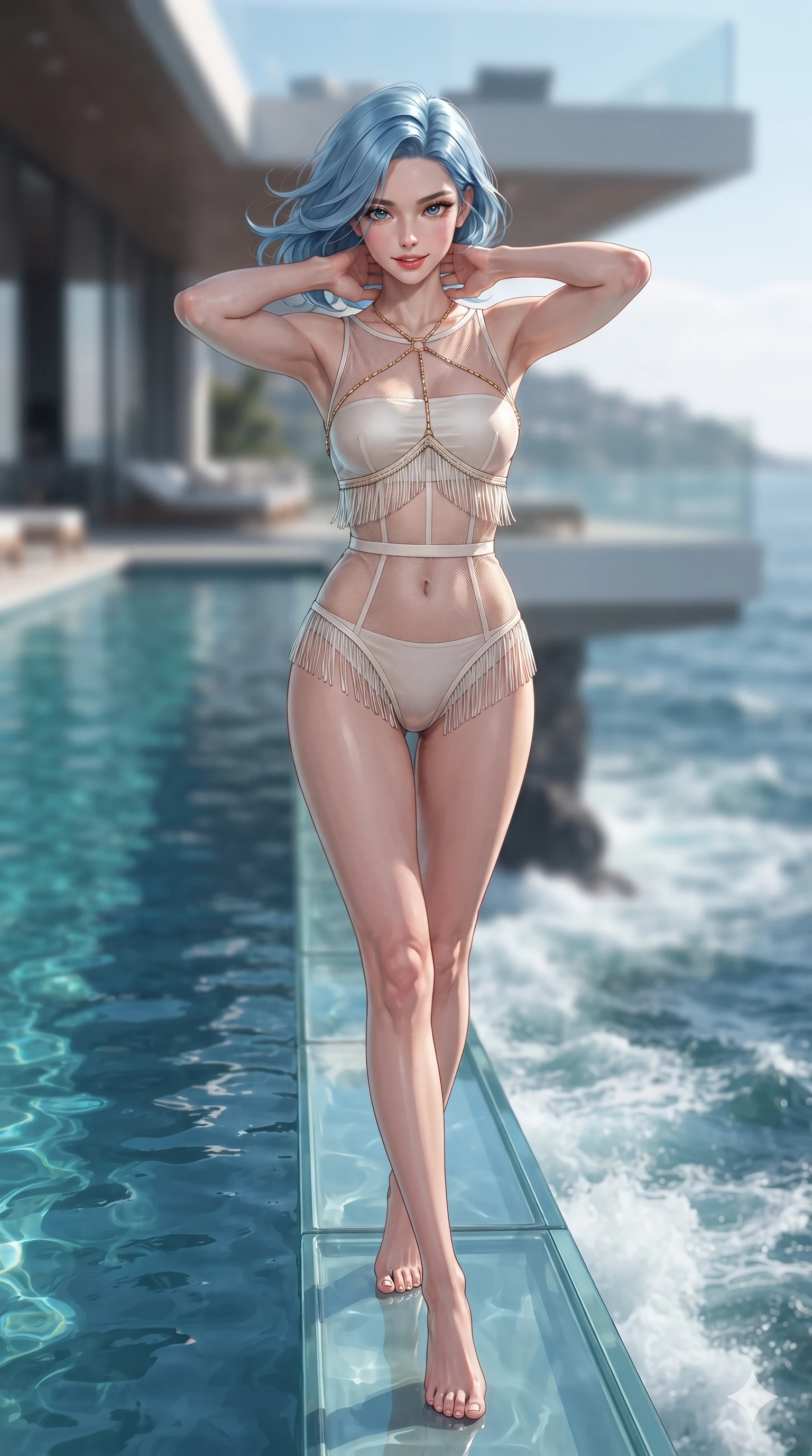 score_9, masterpiece, best quality, ultra-detailed, high-budget anime keyframe, editorial fashion photography, tasteful artistic composition, Korean woman. close-up cowboy shot from the waist and thighs up, the character dominates the composition, filling the frame with her large presence. resting both hands lightly behind her neck with elbows raised, arching her spine to highlight her narrow waist, flat midriff, and breathtaking collarbones while walking slowly along the suspended glass pool edge, looking back over her shoulder with an air of effortless grace and an alluring, smoldering smile as the sea churns 300 feet below her transparent feet. The background shows a soft-focus high-cliff cantilevered infinity pool softened in modern architectural shallow focus. She has an exceptionally elegant, slender, and willowy female figure with an ultra-slim waist, flat toned midriff, narrow ribcage, and sculpted feminine hips creating an alluring, slim hourglass silhouette without bulk. sharp v-shaped jawline, high-bridge nose, sparkling eyes with hypnotic seductive depth, thick curled eyelashes, glossy parted lips with a natural dewy peach sheen, alluring bedroom-eyes with an enchanting coquettish smile, exuding magnetic siren charisma and sophisticated glamour, flawlessly proportioned anatomical accuracy, strict slender model proportions, natural body alignment, perfectly sculpted long slender limbs, ultra-slim waistline, clean dynamic posture without body distortion. wearing a provocative sheer illusion mesh resort bodysuit with fringe trim layered over an opaque bandeau and briefs in celestial pearl white and rose-gold, tailored from crisp high-density nautical cotton poplin with pristine structural hold, accented with a gold body chain harness subtly framing her dewy collarbones and spine, the bespoke structured tailoring following the natural line of her 8.5-heads silhouette with refined elegance. illuminated by pool water bottom bounce and sharp gold-cyan rim lights defining her razor-sharp jawline, narrow waist, and curvy hips. ultra-reflective glossy finish, specular highlights, rich textural contrasts, high-contrast stereoscopic depth, volumetric dynamic lighting, 2k, ultra detail, master piece, 9:16 ratio