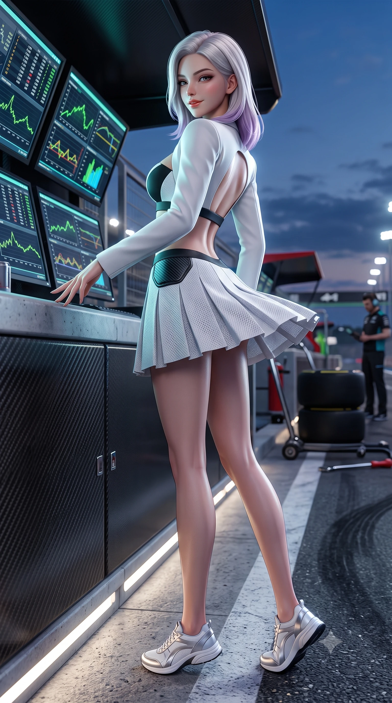 score_9, masterpiece, best quality, ultra-detailed, high-budget anime keyframe, semi-realistic 3D game render, editorial fashion photography, tasteful artistic composition, Caucasian woman. low angle full-body shot from head to toe showing her feet, filling the entire 9:16 vertical frame with her statuesque presence, stretching her vertical silhouette. executing an athletic pivot turn as her pleated tennis skirt flutters around her slender legs, glancing over her shoulder with an intoxicating, teasing bedroom-gaze while standing poised on the illuminated pit wall overlooking the brightly lit pit straight, arching her back with high-octane racing queen glamour. The surrounding environment is rendered in vivid detail and crisp panoramic clarity: sharp telemetry monitor graphic screens, carbon pit wall panel textures, and asphalt tire rubber scuffs in deep focus. She has an absolutely perfect, statuesque 8.5-heads proportion, an exceptionally tall and slender model-like female figure with impossibly long slender legs, an ultra-slim waist, a flat toned midriff, narrow delicate ribcage, and beautifully sculpted feminine hips creating a graceful, slim hourglass silhouette without any bulky heaviness. sharp v-shaped jawline, high-bridge nose, sparkling eyes with athletic focus and depth, thick curled eyelashes, glossy parted lips with a natural coral-peach sheen, bright confident and coquettish smile with alluring bedroom-eyes, exuding both youthful sporty vigor and sovereign high-society glamour, flawlessly proportioned anatomical accuracy, strict slender model proportions, natural body alignment, perfectly sculpted long slender limbs, ultra-slim waistline, clean dynamic posture without body distortion. wearing a tailored white blazer worn open over a plunging racing bandeau top and pleated tennis micro-skirt in dual-tone high-contrast racing monochrome, woven from semi-opaque performance athletic mesh with hexagonal micro-perforations, accented with sleek aerodynamic carbon-fiber hip pads framing her narrow waist, the precision-cut side openings and low-back scoop framing her graceful spine and the sensual sweep of her slim, athletic hips. illuminated by telemetry screen bounce and sharp platinum rim lights carving her razor-sharp jawline, narrow waist, and curvy hips. highly saturated vibrant anime colors, detailed shading with soft gradients, rich glossy textures, high-contrast stereoscopic depth, volumetric dynamic lighting, master piece, 9:16 ratio