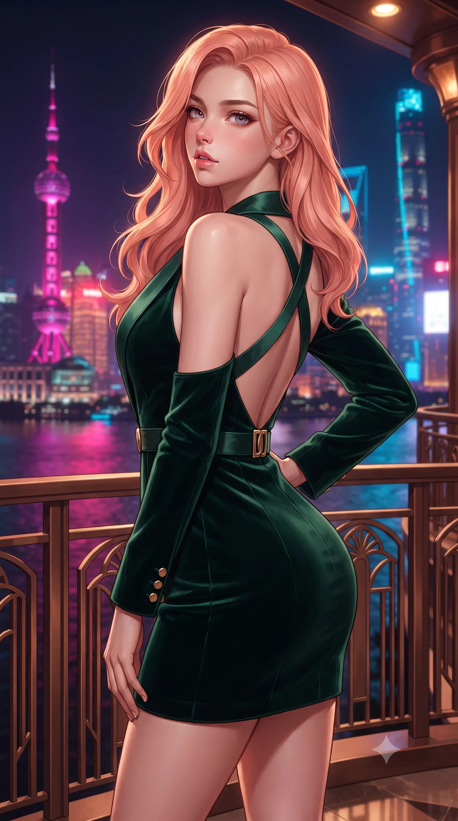 score_9, masterpiece, best quality, ultra-detailed, high-budget anime keyframe, editorial fashion photography, tasteful artistic composition, Japanese woman. close-up cowboy shot from the waist and thighs up, the character dominates the composition, filling the frame with her large presence. posing in an alluring rear three-quarter angle, arching her lower back in a pronounced S-curve with one hand on her hip, glancing seductively over her bare shoulder with parted glossy lips while leaning deep against the ornate art deco bronze balcony railing with hips cocked back, looking over her shoulder as Pudong's neon towers blaze across the river. The surrounding environment is rendered in vivid detail and crisp panoramic clarity. sharp art deco geometric bronze moldings, polished parquet flooring, and stone balustrade in deep focus. She has an exceptionally elegant, slender, and willowy female figure with an ultra-slim waist, flat toned midriff, narrow ribcage, and sculpted feminine hips creating an alluring, slim hourglass silhouette without bulk. sharp v-shaped jawline, high-bridge nose, intricate jewel-like eyes with depth, thick eyelashes, glossy parted lips with a natural sheen, intensely captivating and seductive bedroom-eyes expression, flawlessly proportioned anatomical accuracy, strict slender model proportions, natural body alignment, perfectly sculpted long slender limbs, ultra-slim waistline, clean dynamic posture without body distortion. wearing a tailored velvet tuxedo jacket dress with satin lapels, worn with a deep plunge neckline and gold hip buckle in deep emerald green satin and gold hardware, tailored from ultra-smooth duchess satin with a pearlescent sheen, finished with criss-cross back satin straps highlighting her graceful shoulder blades, the precision-cut side openings and low-back scoop framing her graceful spine and the sensual sweep of her slim, toned hips. bathed in vibrant magenta and electric cyan river skyline reflections contrasting with warm amber interior downlights. ultra-reflective glossy finish, specular highlights, rich textural contrasts, high-contrast stereoscopic depth, volumetric dynamic lighting, 2k, ultra detail, master piece, 9:16 ratio